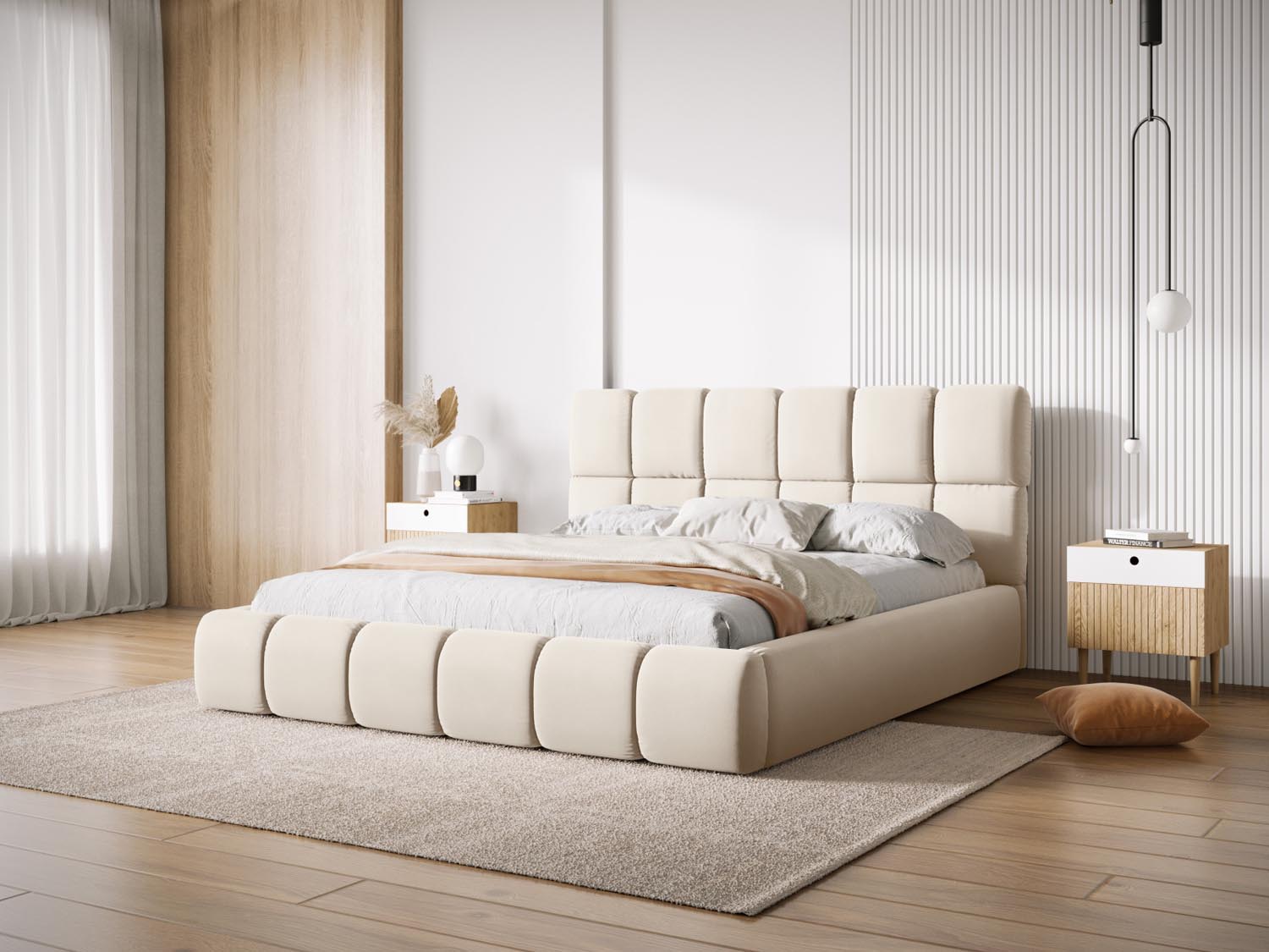 Elegantes Bellis Velour Bett in Light Beige mit praktischem Stauraum und stilvollem Headboard, ideal für jedes Schlafzimmer.