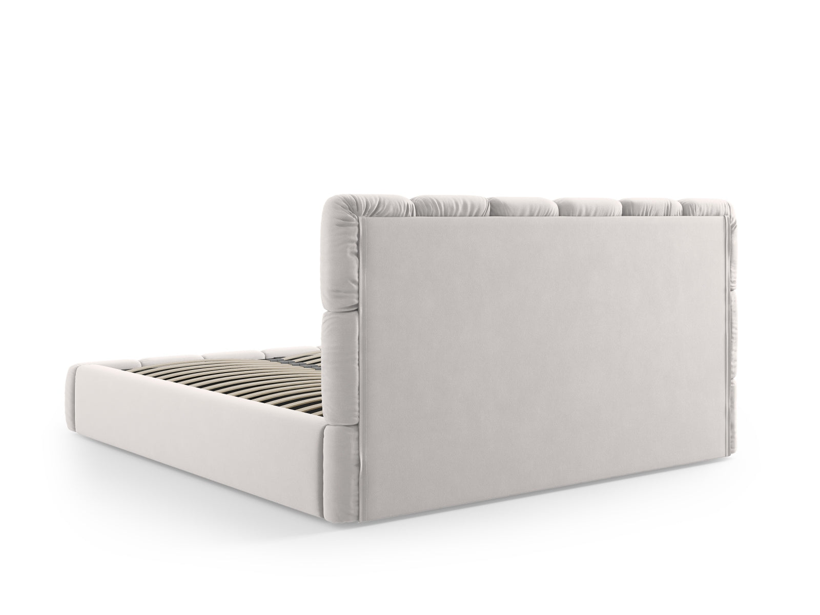 Stylisches Bellis Velour Bett in Silver-Bluvel, ausgestattet mit praktischem Stauraum und einem ansprechenden Kopfteil für ein modernes Ambiente.