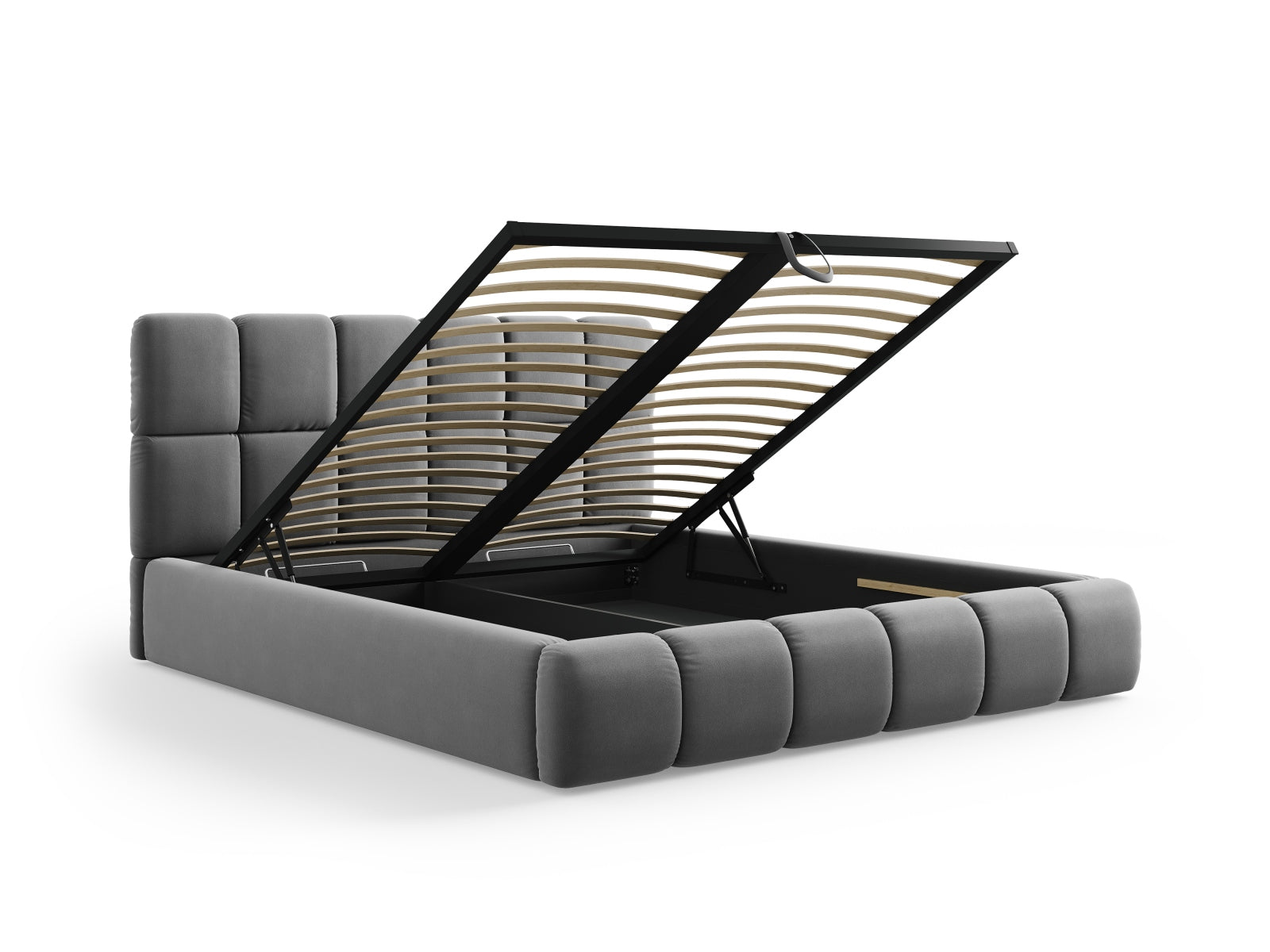 Elegantes Bellis Velour Bett in Grau-Blau, ausgestattet mit Stauraum und einem stilvollen Kopfteil, ideal für zeitgemäße Schlafräume.