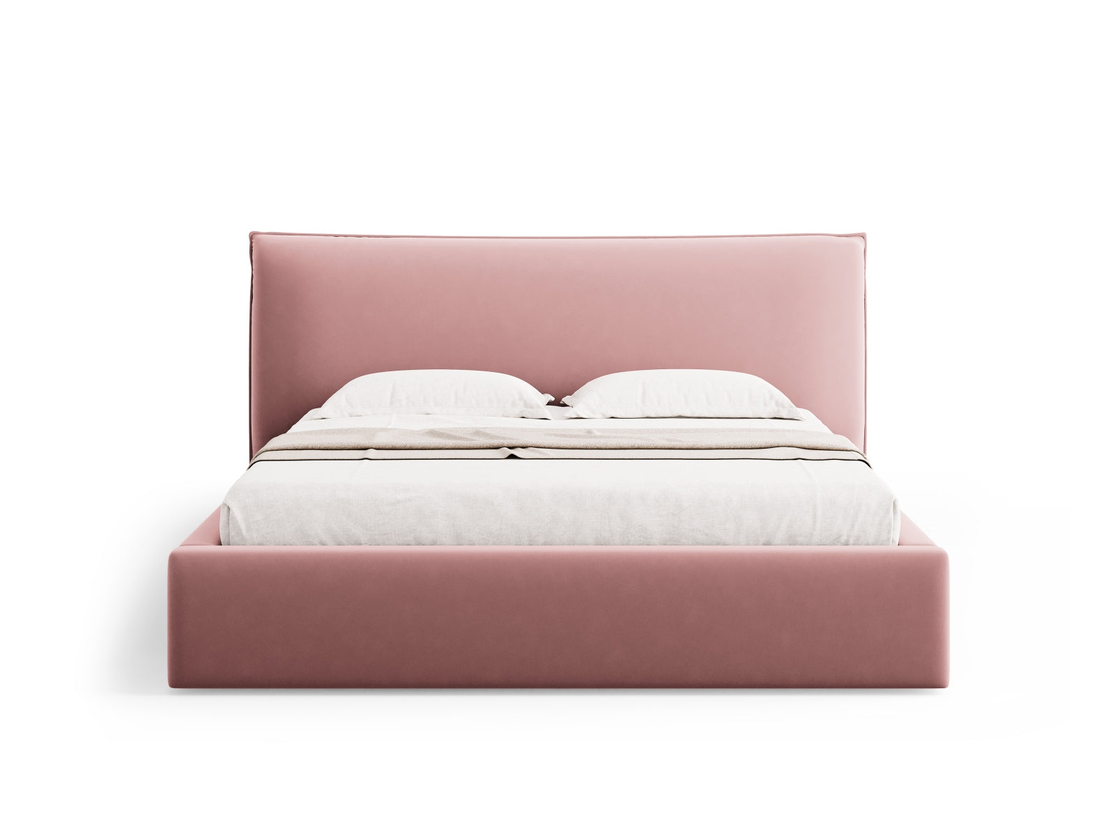 Stylisches Kaelle Velour Bett in sanften Pink- und Blautönen, ausgestattet mit praktischem Stauraum und einem modernen Kopfteil.