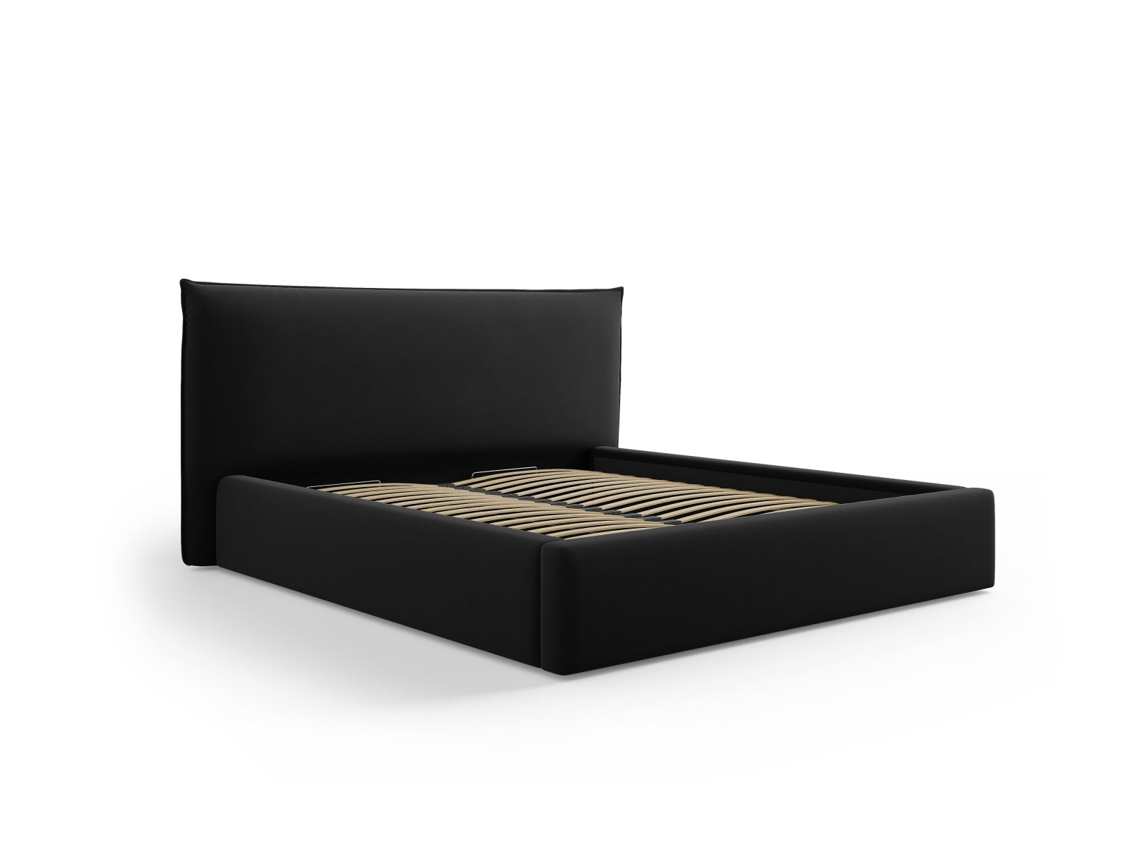 Elegantes Kaelle Velour Bett in Schwarz mit praktischem Stauraum und stilvollem Headboard, ideal für moderne Schlafzimmer.