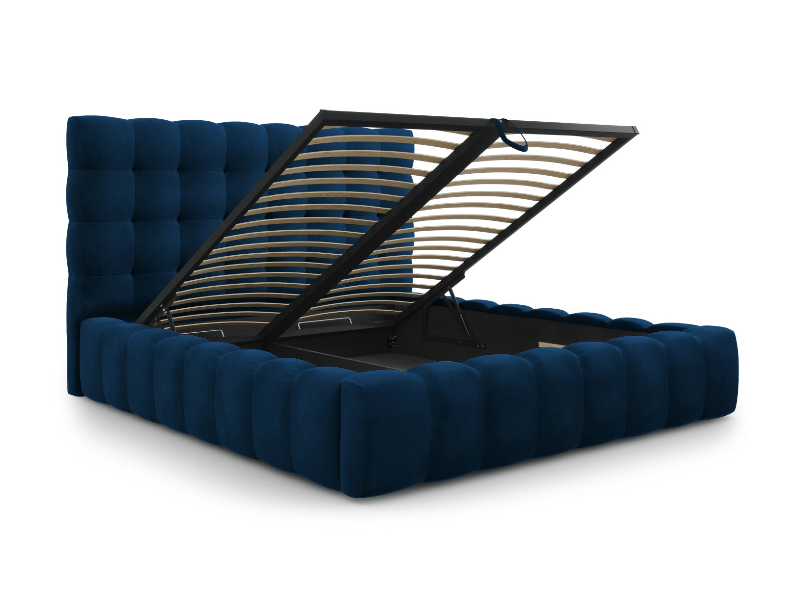 Stilvolles Mamaia Velour Bett in Royal Blue mit praktischem Stauraum und modernem Kopfteil für ein elegantes Schlafzimmer.