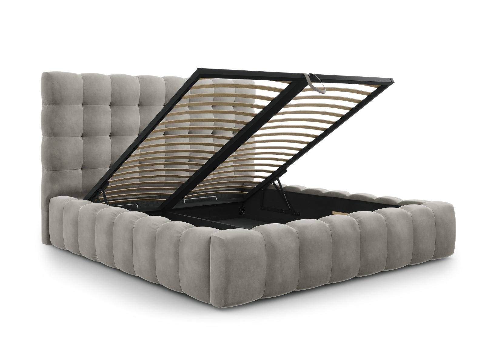 Stilvolles Mamaia Velour Bett in dezentem Grau, ausgestattet mit praktischem Stauraum und einem ansprechenden Kopfteil für Ihr Schlafzimmer.
