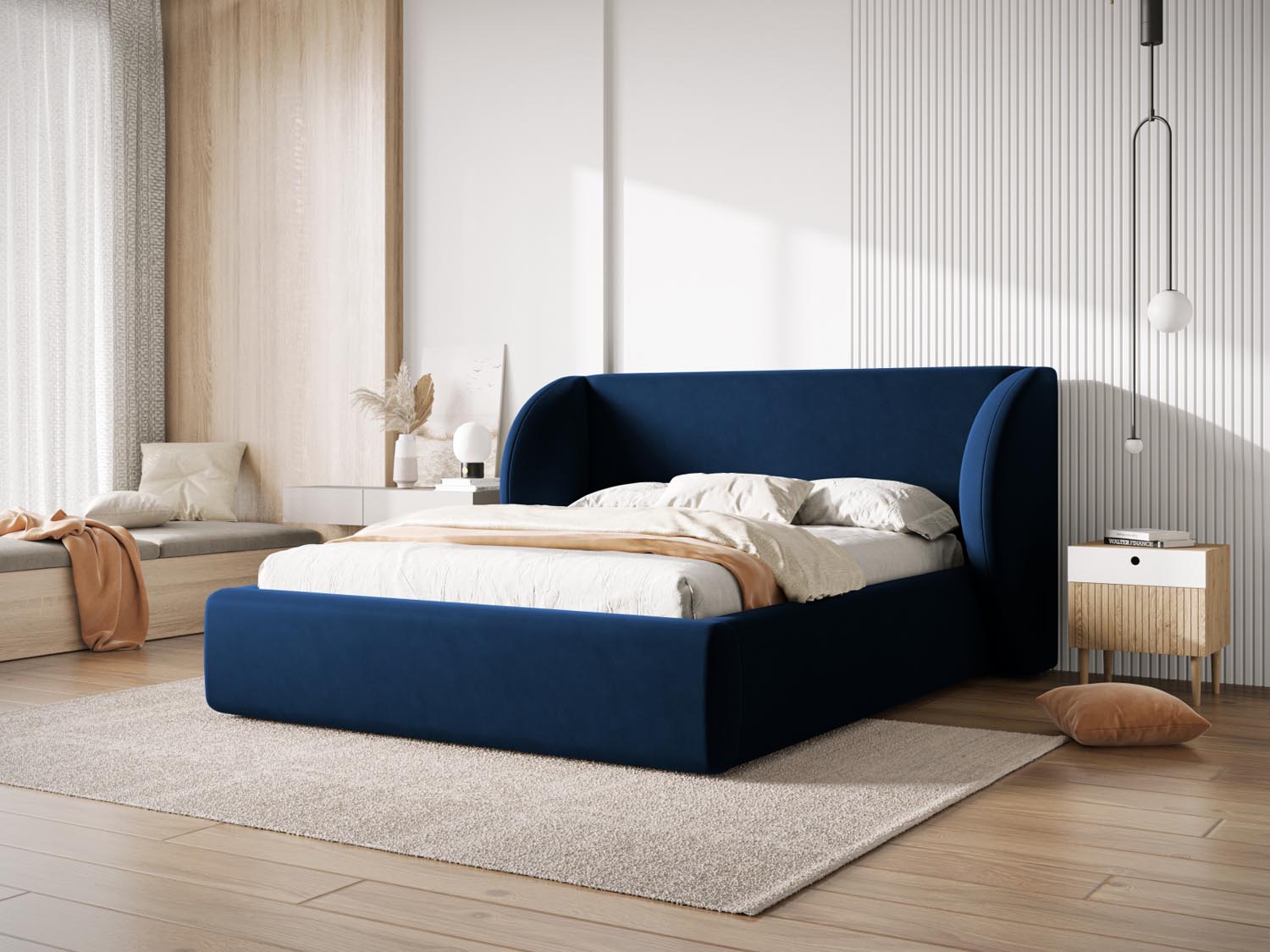 Elegantes Miley Velour Bett in Royal Blue mit praktischem Stauraum und stilvollem Headboard, ideal für moderne Schlafzimmer.