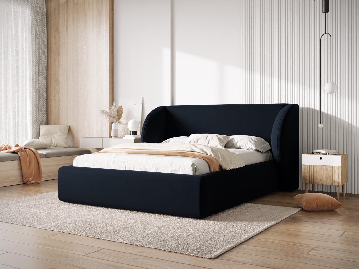 Elegantes Miley Velour Bett in Dunkelblau mit praktischem Stauraum und stilvollem Kopfteil, ideal für modernes Wohnen.
