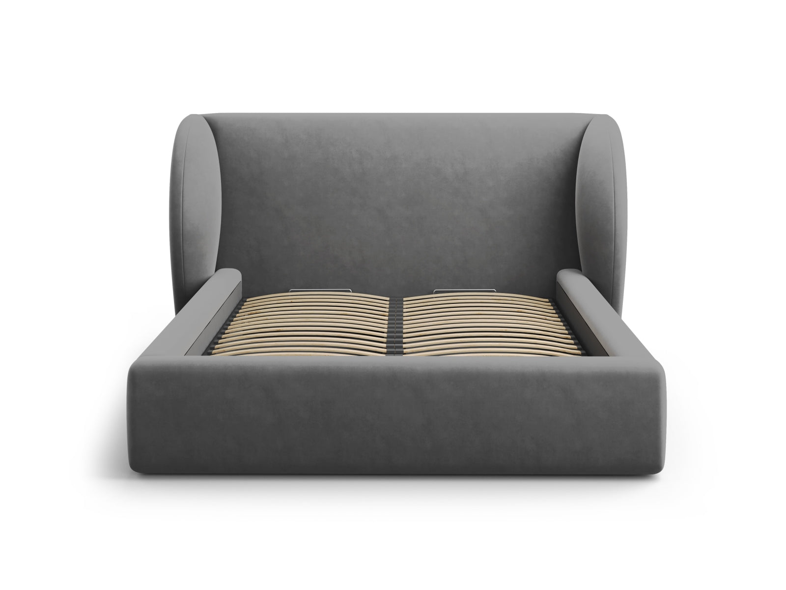 Stylisches Miley Velour Bett in Grau-Blau, ausgestattet mit praktischem Stauraum und einem modernen Kopfteil für ein gemütliches Schlafzimmer.