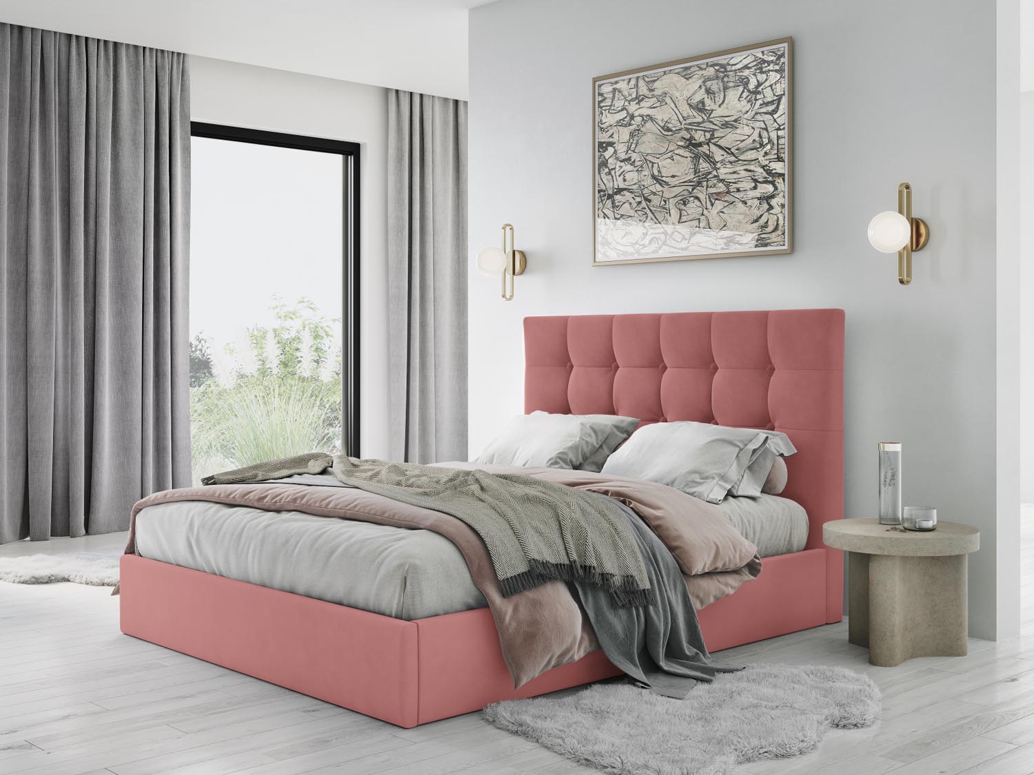 Entdecken Sie das stilvolle Phaedra Velour Bett von Micadoni – ideal für Ihr modernes Schlafzimmer, mit praktischem Stauraum und gemütlichem Kopfteil.
