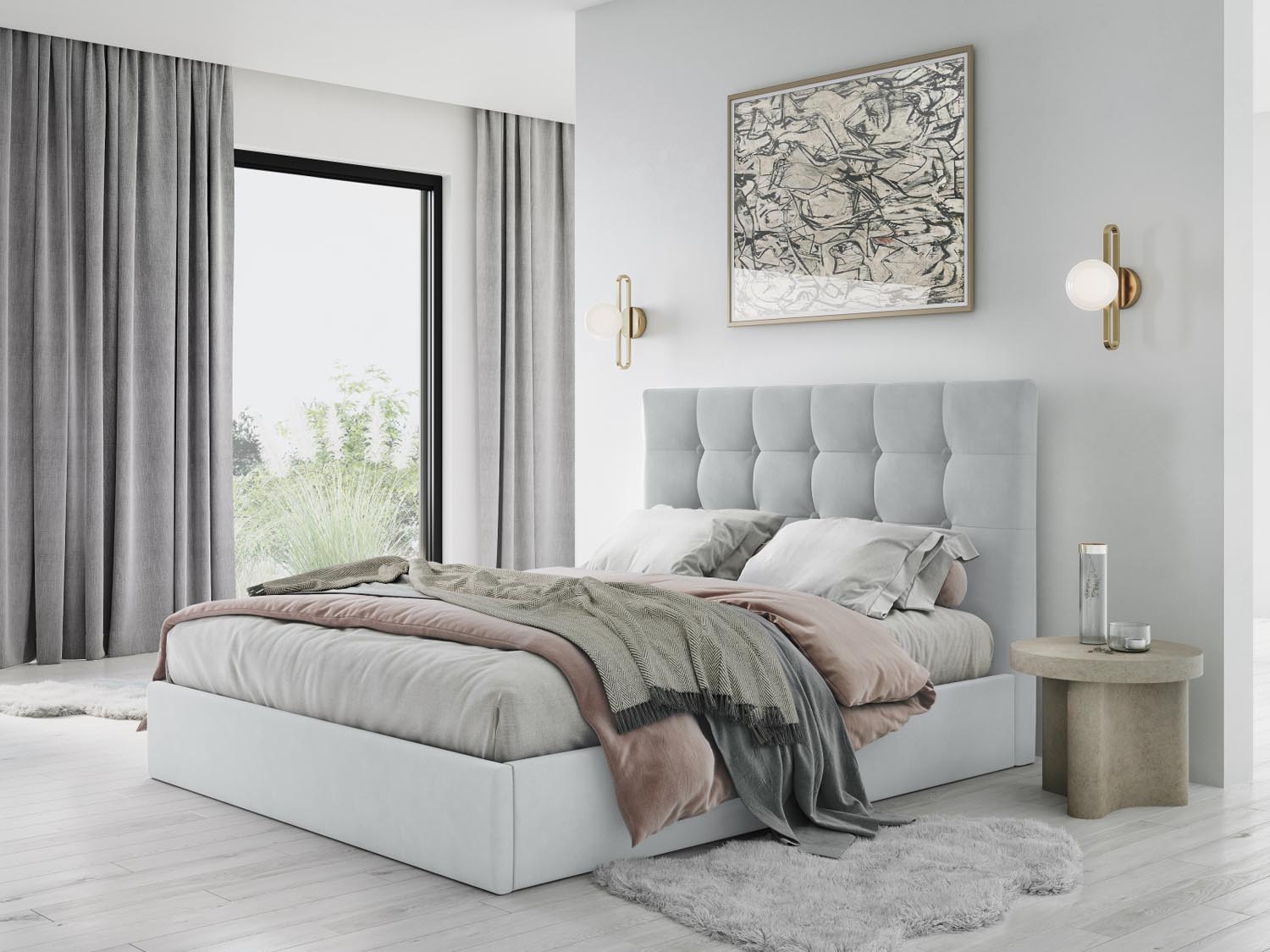 Entdecken Sie das stilvolle Phaedra Velour Bett von Micadoni – ideal für Ihr modernes Schlafzimmer, mit praktischem Stauraum und gemütlichem Kopfteil.