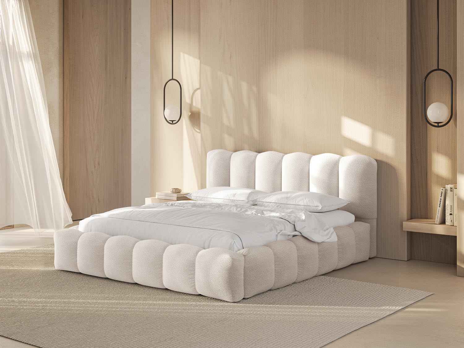 Elegantes Lupine Bett mit praktischem Stauraum und stilvollem Headboard in Weiß, ideal für moderne Schlafzimmer.