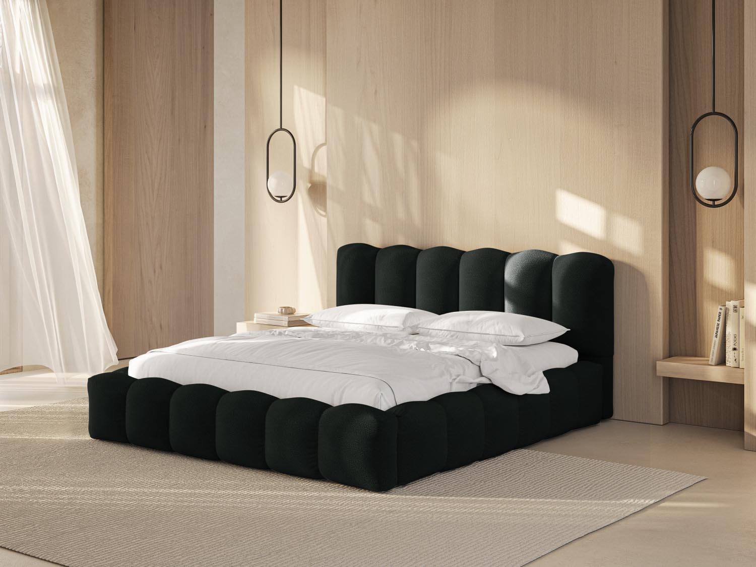 Elegantes Lupine Bett mit praktischem Stauraum und stilvollem Headboard in Schwarz, ideal für modernes Wohnen.