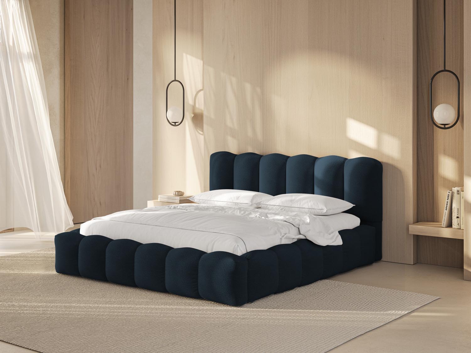 Elegantes Lupine Bett in Dunkelblau mit praktischem Stauraum und stilvollem Headboard, ideal für modernes Wohnen.