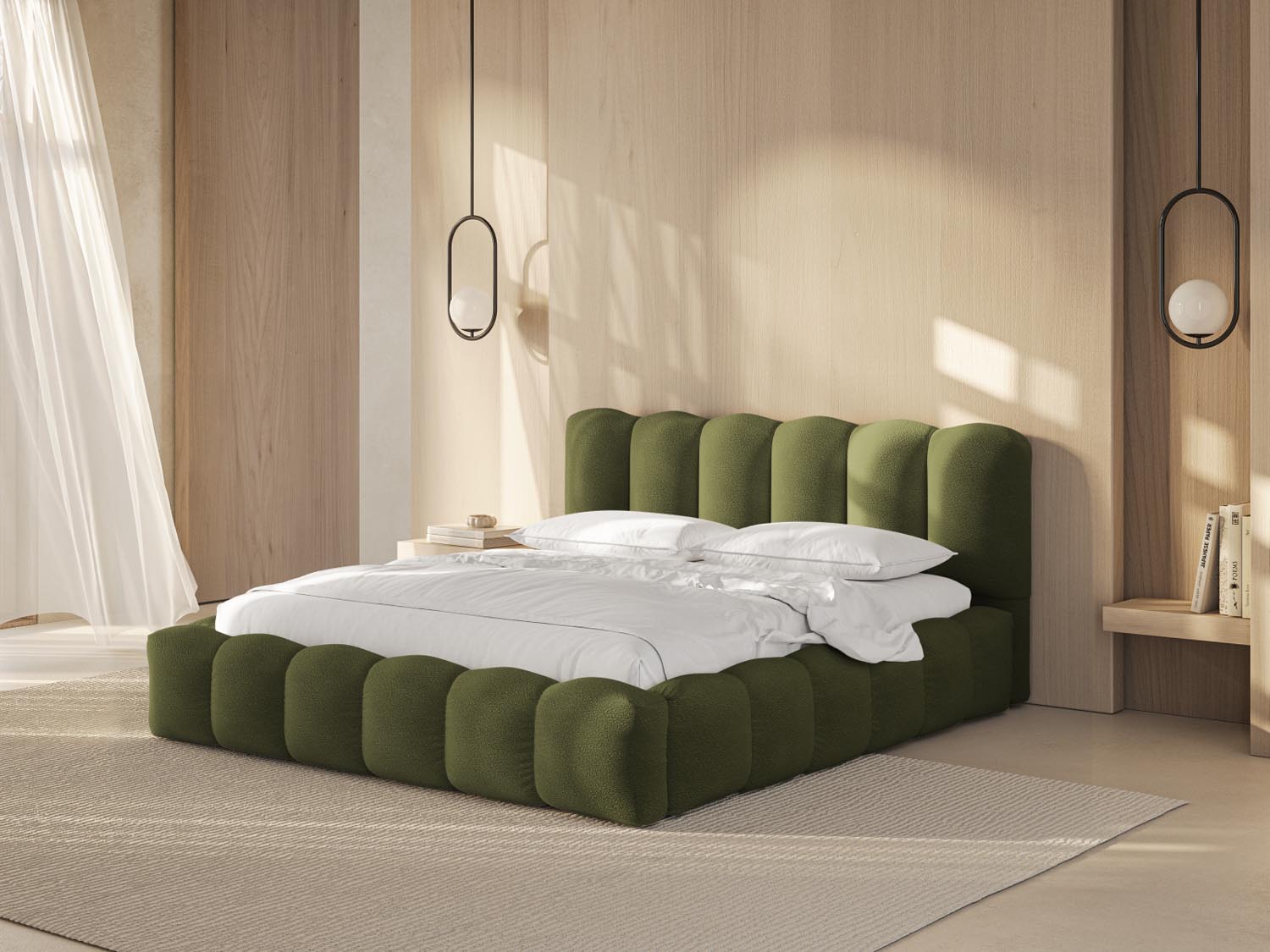 Elegantes Lupine Bett in Dunkeloliv mit Stauraum und Kopfteil, ideal für stilvolle Schlafzimmergestaltung.