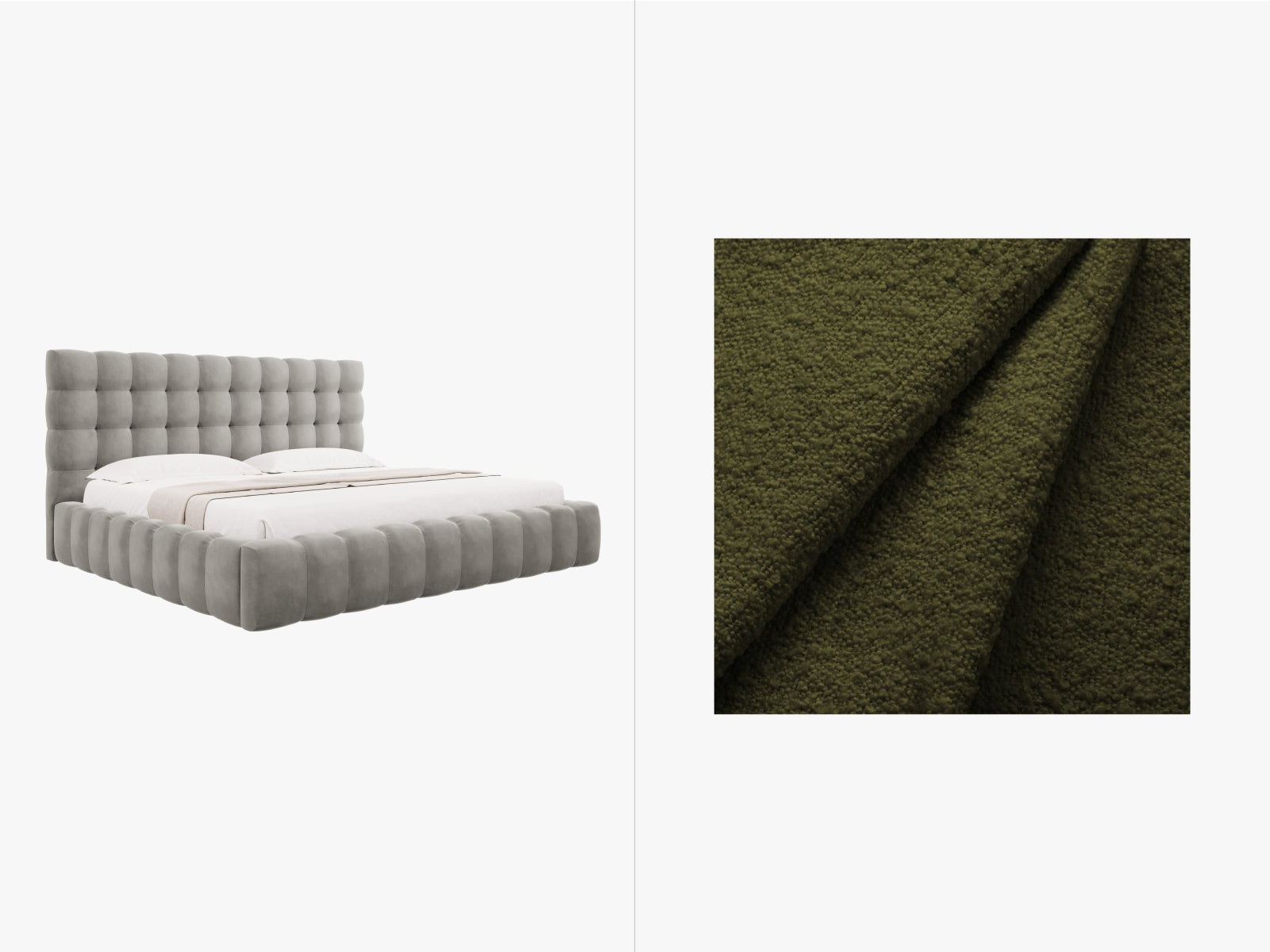 Mamaia Boucle Bett mit Stauraum und Headboard 225cm in Dark Olive Green/Schwarz präsentiert im Onlineshop von KAQTU Design AG. Bett ist von Micadoni