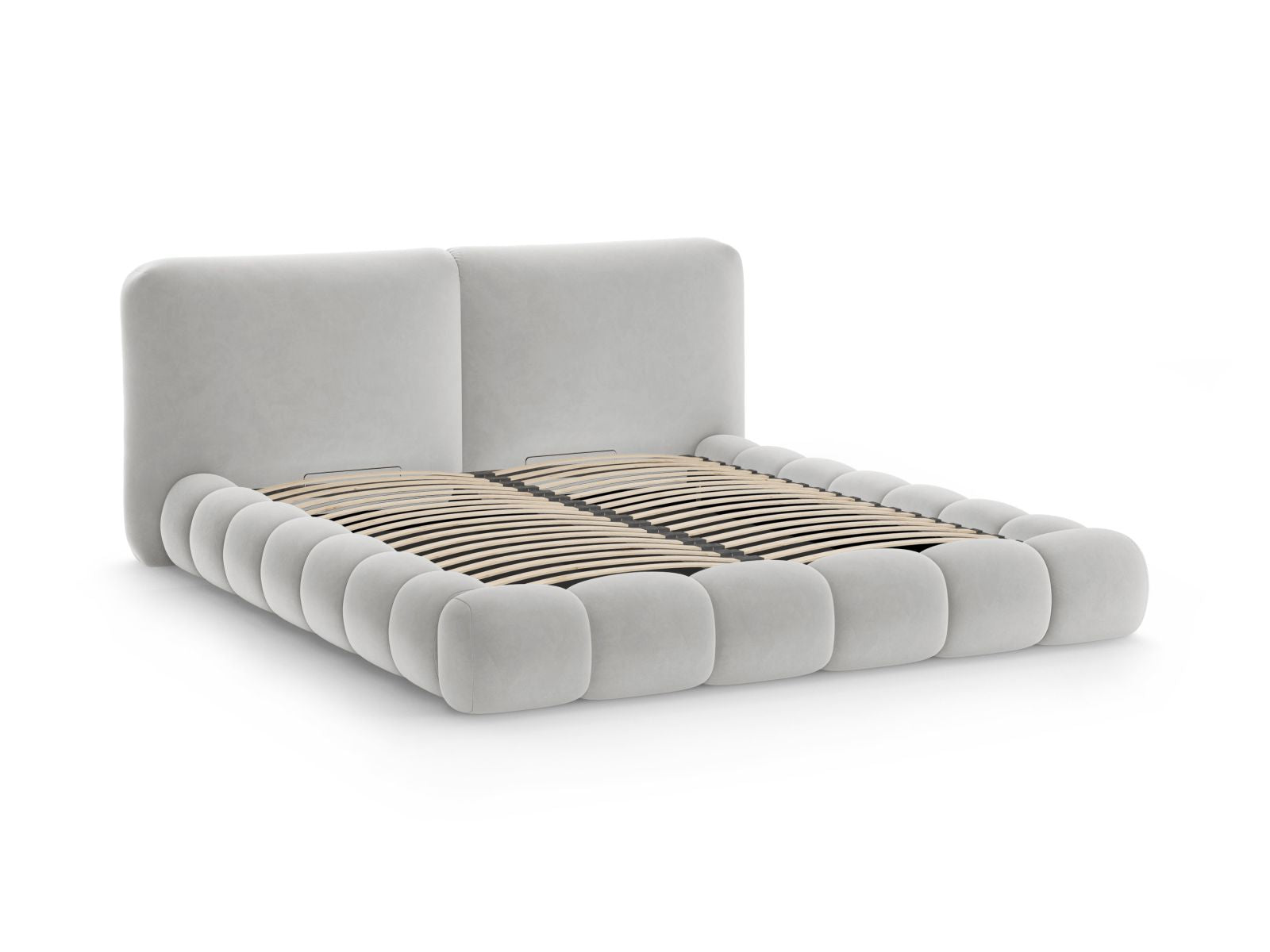 Elegantes Solange Bett in Light Grey-Magic Velvet, 200 cm Kopfteil und praktischer Stauraum, ideal für stilvolle Schlafzimmergestaltung.