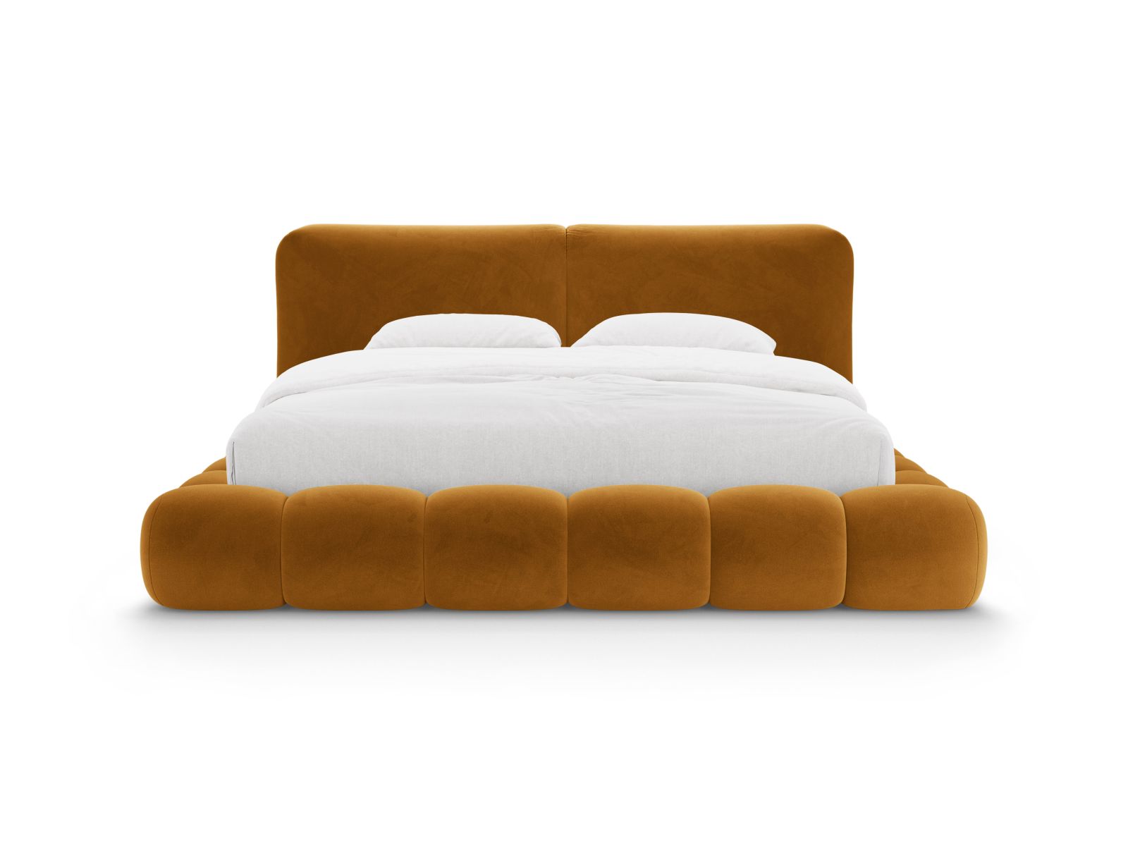 Elegantes Solange Bett mit 200 cm Kopfteil und praktischem Stauraum, bezogen mit hochwertigem Mustard-Magic Velvet, ideal für stilvolle Schlafzimmer.