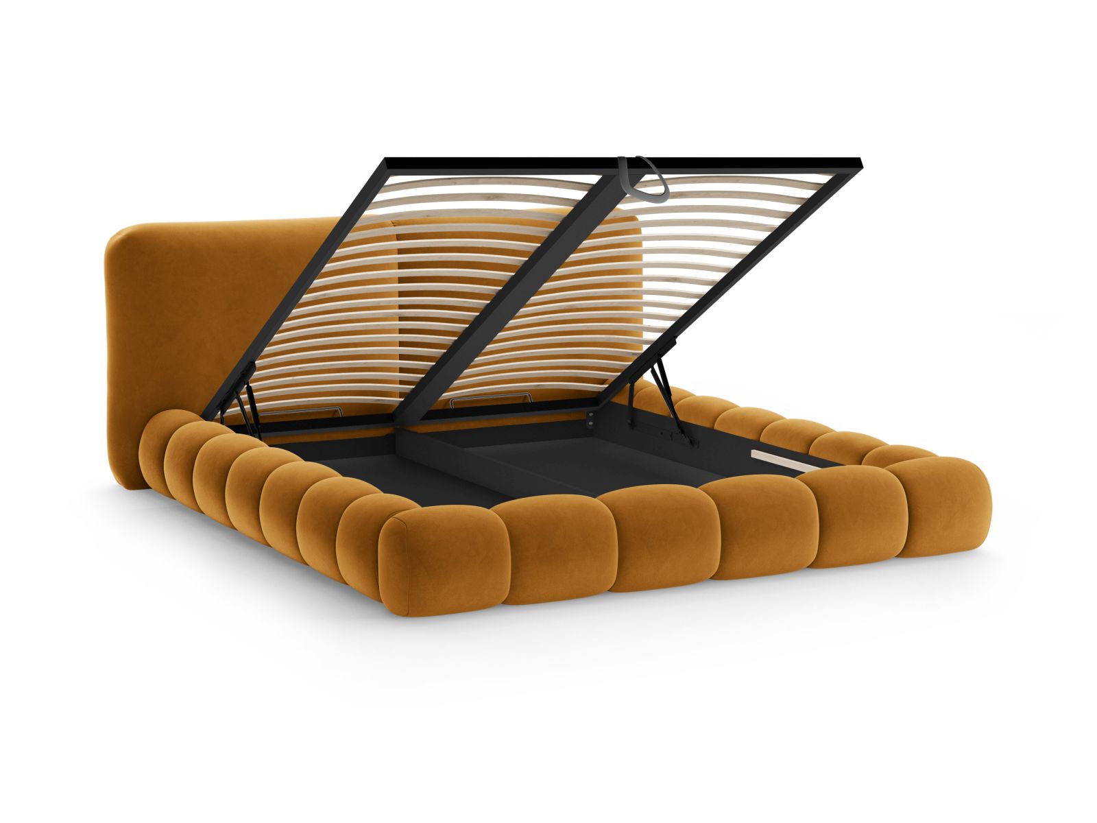 Stylisches Solange Bett mit 200 cm hohem Kopfteil und integriertem Stauraum, gepolstert in edlem Mustard-Magic Velvet für zeitgemäße Wohnräume.