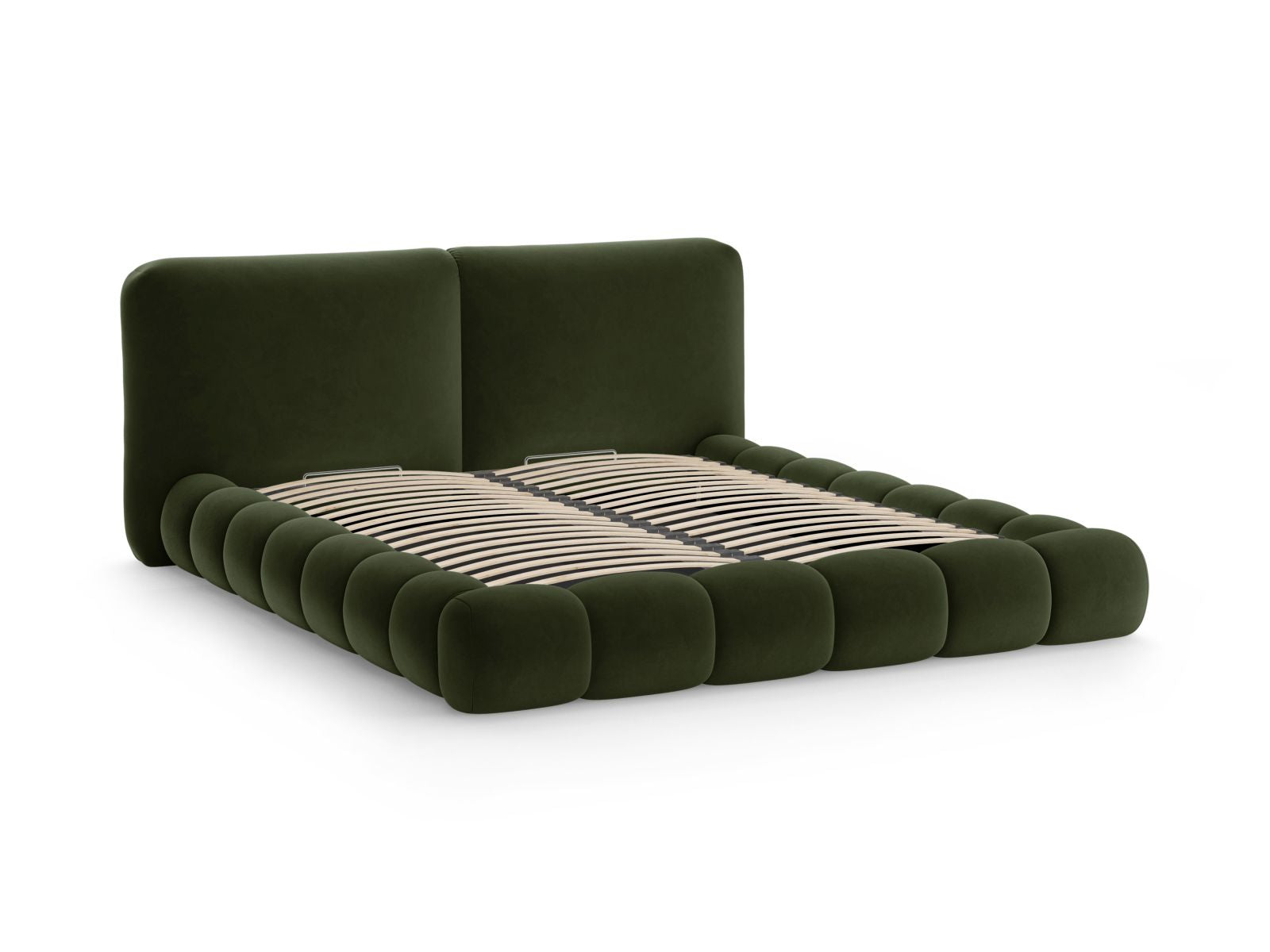 Modernes Solange Bett in Army Green-Magic Velvet, bietet cleveren Stauraum und ein geschmackvolles Kopfteil für stilvolle Schlafzimmer.