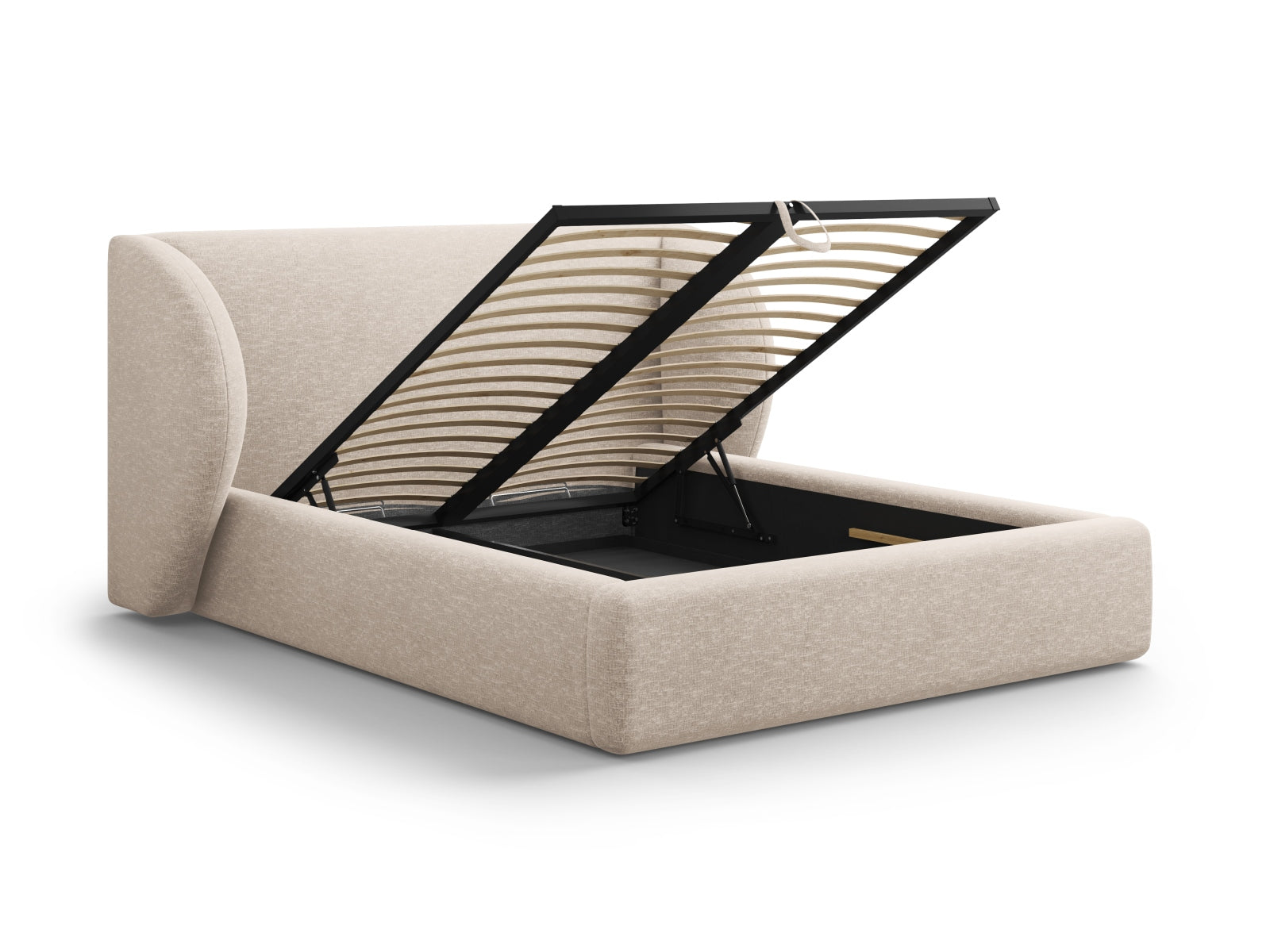 Elegantes Miley Bett mit praktischem Stauraum und stilvollem Kopfteil in Beige-Haga, ideal für moderne Schlafzimmergestaltung.