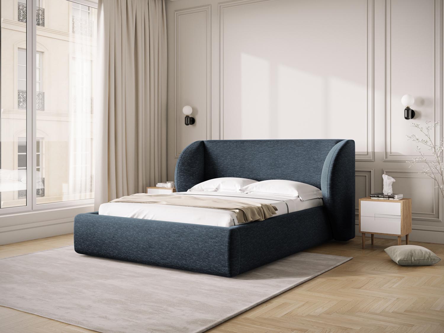 Elegantes Miley Bett in Royal Blue mit praktischem Stauraum und stilvollem Headboard, ideal für modernes Wohnen.