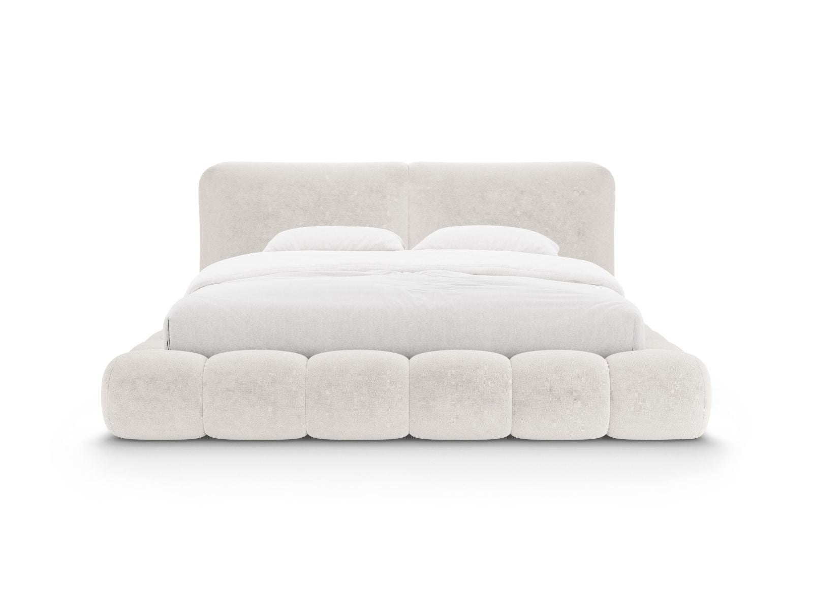 Elegantes Solange Bett mit 200 cm Kopfteil und praktischem Stauraum in sanftem Light Beige, ideal für stilvolle Schlafzimmer.