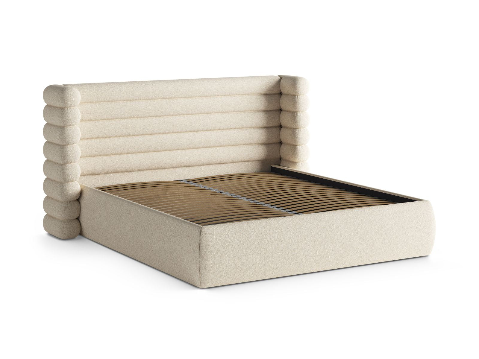 Stylisches Mount Bett in hellem Beige mit praktischem Stauraum und geschmackvollem Kopfteil, ideal für moderne Schlafzimmer.