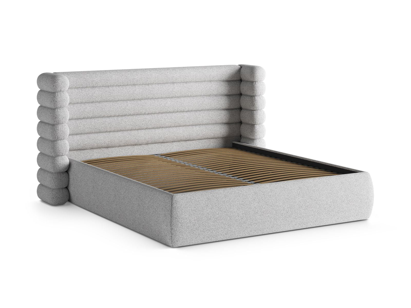 Elegantes Mount Bett in hellem Grau mit praktischem Stauraum und ansprechendem Kopfteil, ideal für moderne Wohnräume.