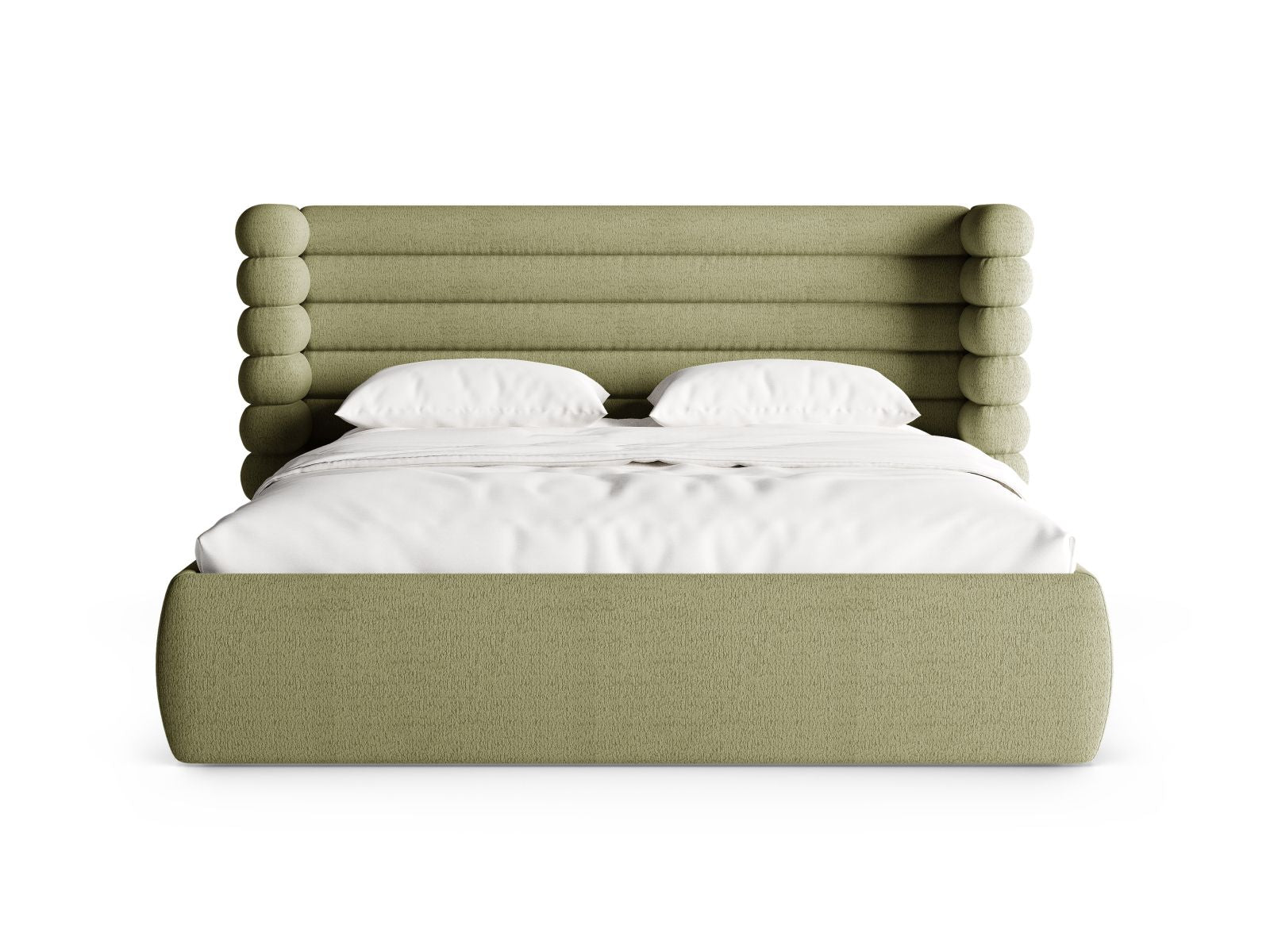 Elegantes Mount Bett mit praktischem Stauraum und stilvollem Kopfteil in Light Olive-CORAL, ideal für modernes Wohnen.