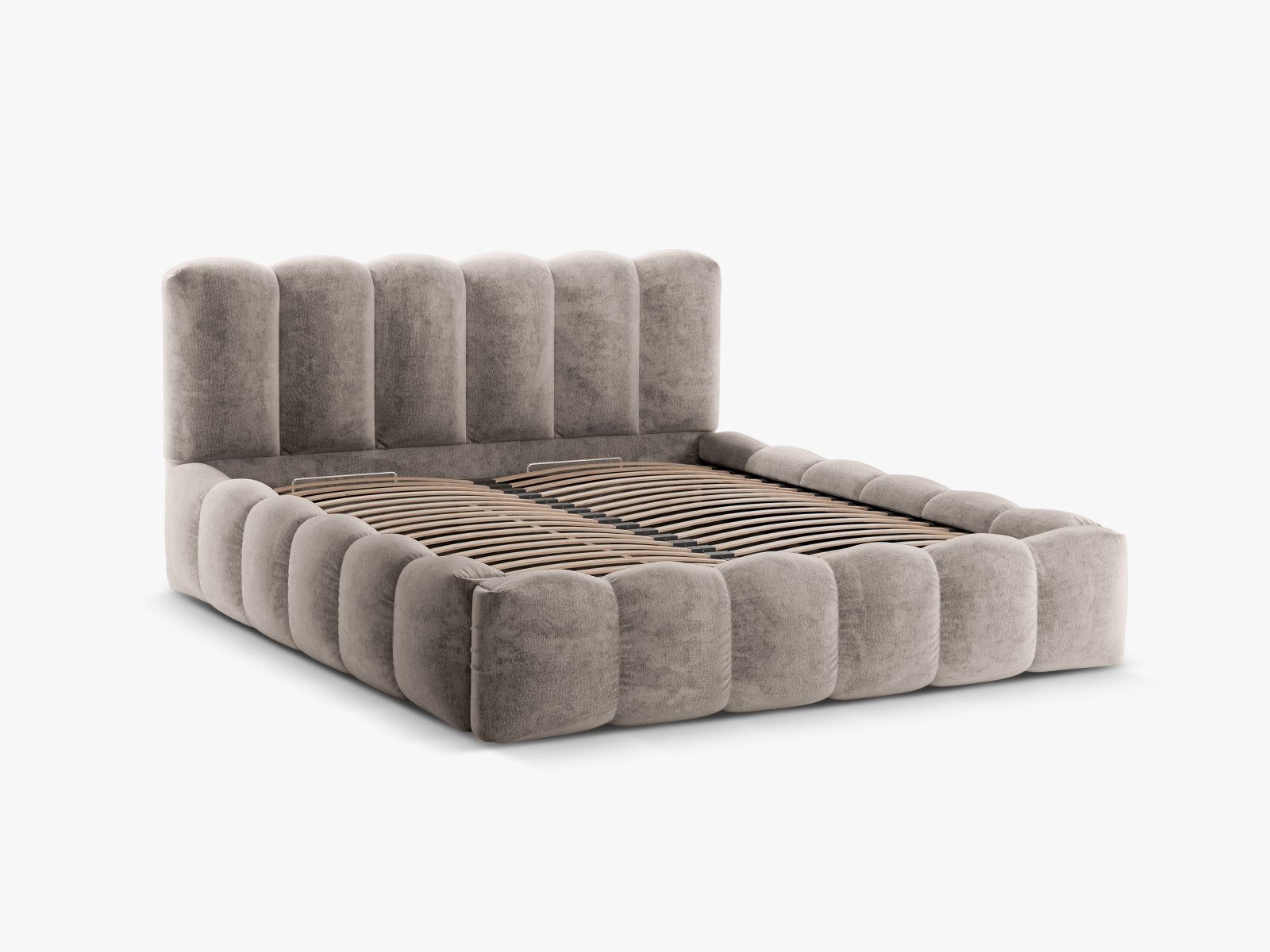 Modernes Lupine Bett in Cappuccino mit integriertem Stauraum und ansprechendem Kopfteil, perfekt für stilvolle Schlafzimmer.