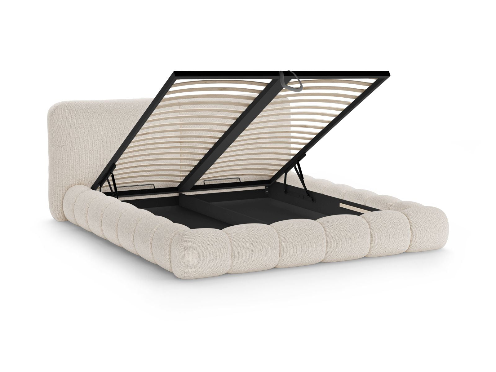 Modernes Solange Bett in zartem Beige, ausgestattet mit einem 200 cm hohen Kopfteil und cleverem Stauraum für eine stilvolle und funktionale Schlafumgebung.