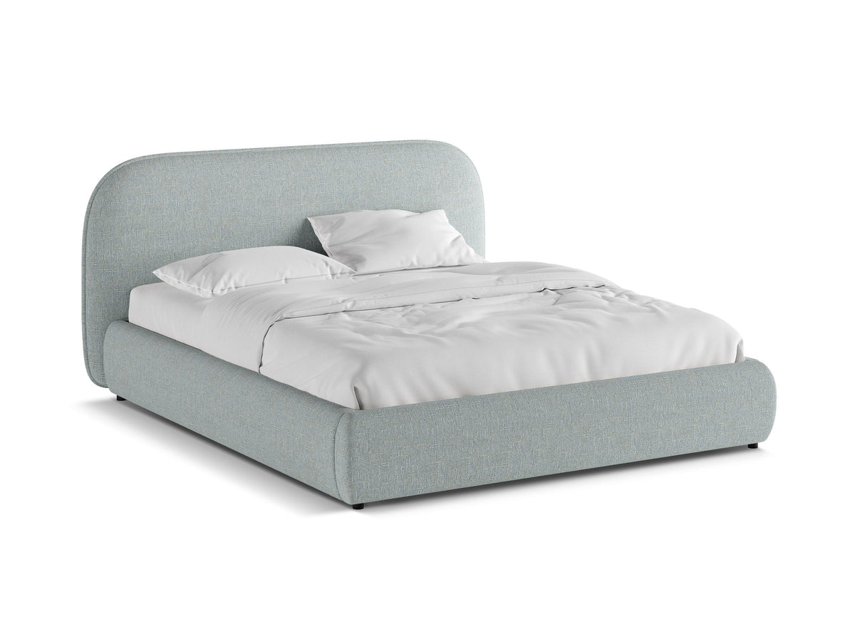 Murada Bett mit gepolstertem Kopfteil, Stoffbezug Tracy in Light Beige Melange, schwarze Kunststoffbeine, Rahmen aus Möbelplatte und Sperrholz.