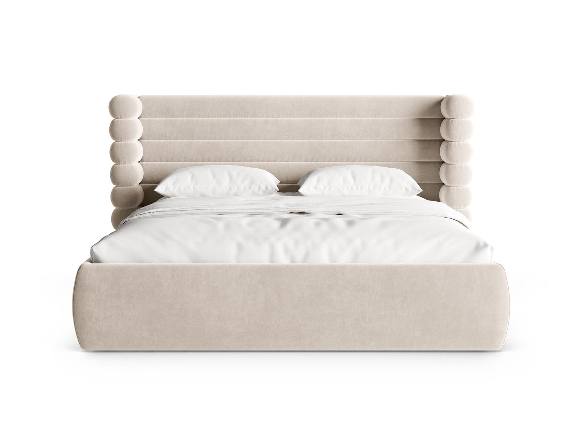 Mount Stauraumbett mit Kopfteil von Micadoni, Bettgestell mit gepolstertem Kopfteil in Beige Melange-Puente und Bettkasten mit Gaslift-Mechanismus.