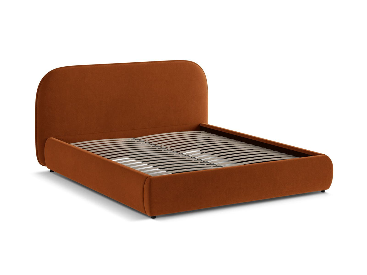 Murada Bett mit gepolstertem Kopfteil, Stoffbezug Tracy in Light Beige Melange, schwarze Kunststoffbeine, Rahmen aus Möbelplatte und Sperrholz.