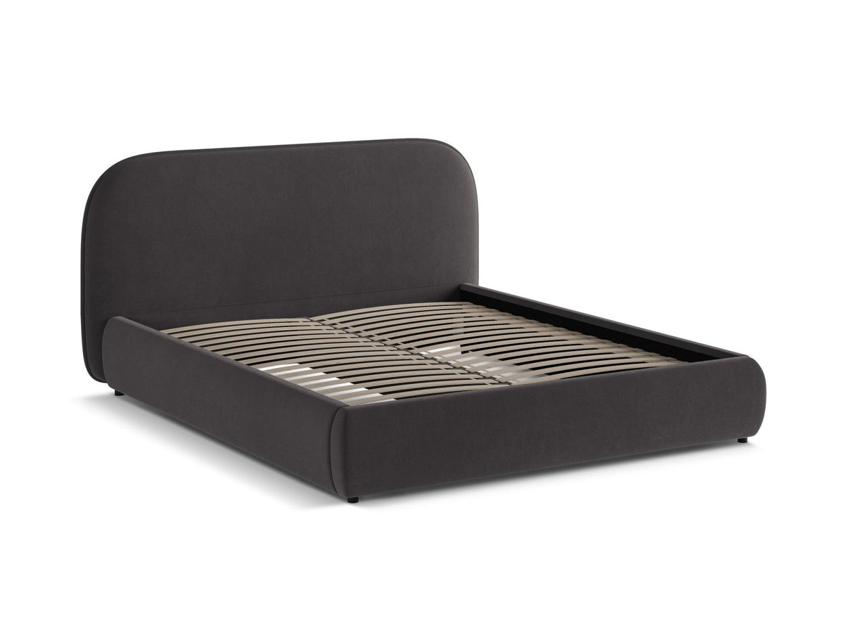 Murada Bett mit gepolstertem Kopfteil, Stoffbezug Tracy in Light Beige Melange, schwarze Kunststoffbeine, Rahmen aus Möbelplatte und Sperrholz.