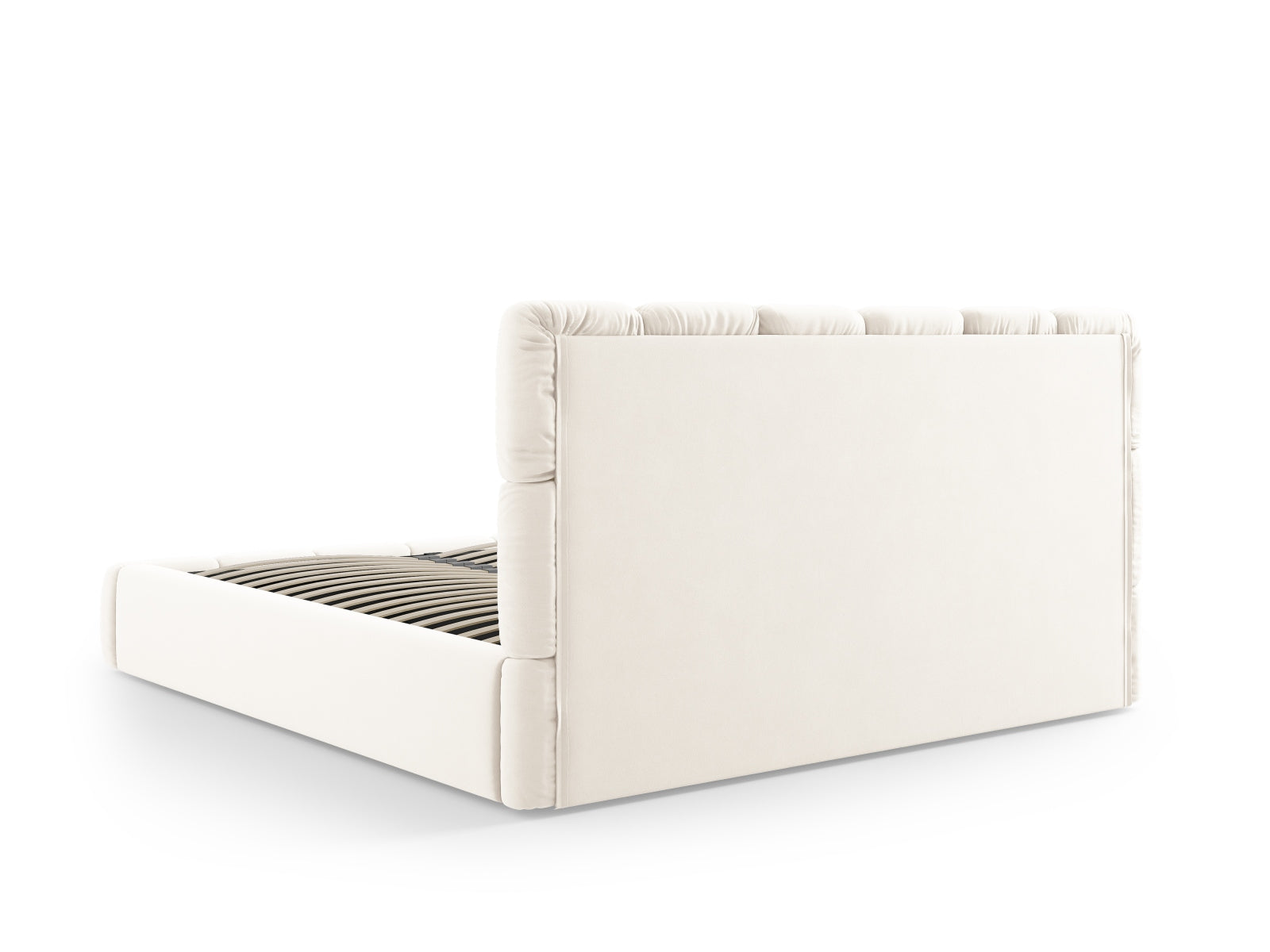 Stilvolles Bellis Velour Bett in sanftem Beige mit praktischem Stauraum und elegantem Kopfteil, perfekt für zeitgemäße Schlafzimmer.