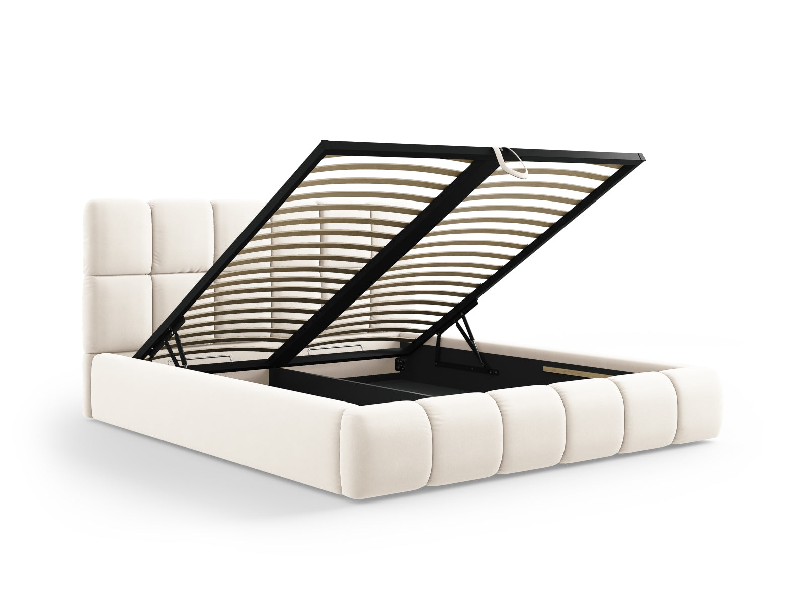 Elegantes Bellis Velour Bett in zartem Beige, ausgestattet mit Stauraum und einem geschmackvollen Kopfteil für moderne Schlafzimmer.
