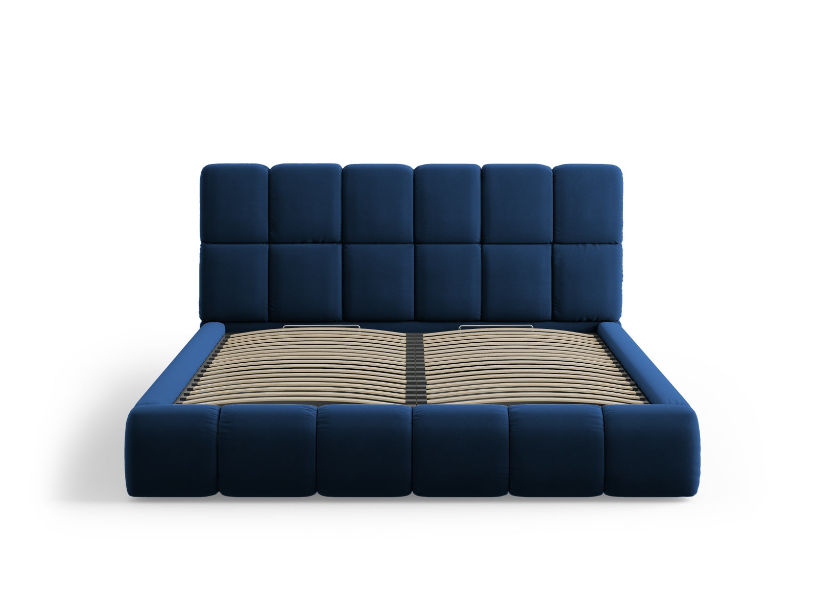 Elegantes Bellis Velour Bett in Royal Blue mit integriertem Stauraum und modernem Kopfteil, ideal für ein stilvolles Schlafzimmer.