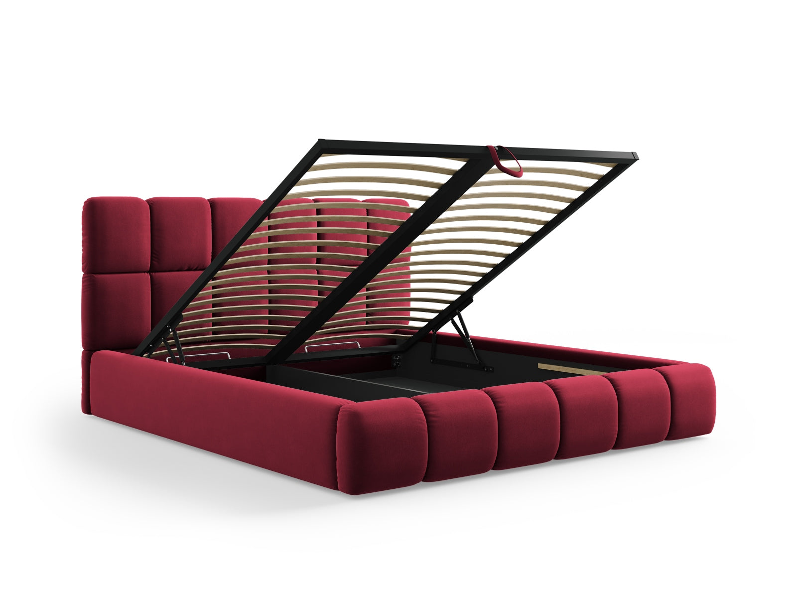 Elegantes rotes Velourbett Bellis von Micadoni mit integriertem Stauraum und komfortablem Kopfteil, perfekt für stilvolle Schlafzimmer.