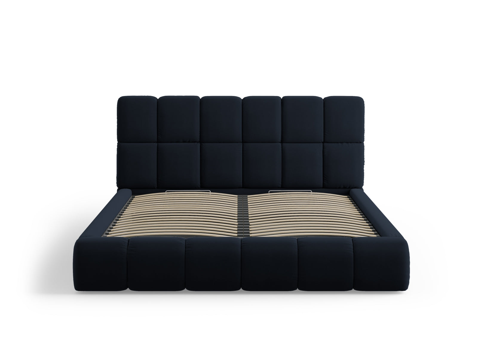 Elegantes Bellis Velour Bett in edlem Blau, bietet praktischen Stauraum und ein stilvolles Kopfteil für moderne Schlafzimmer.