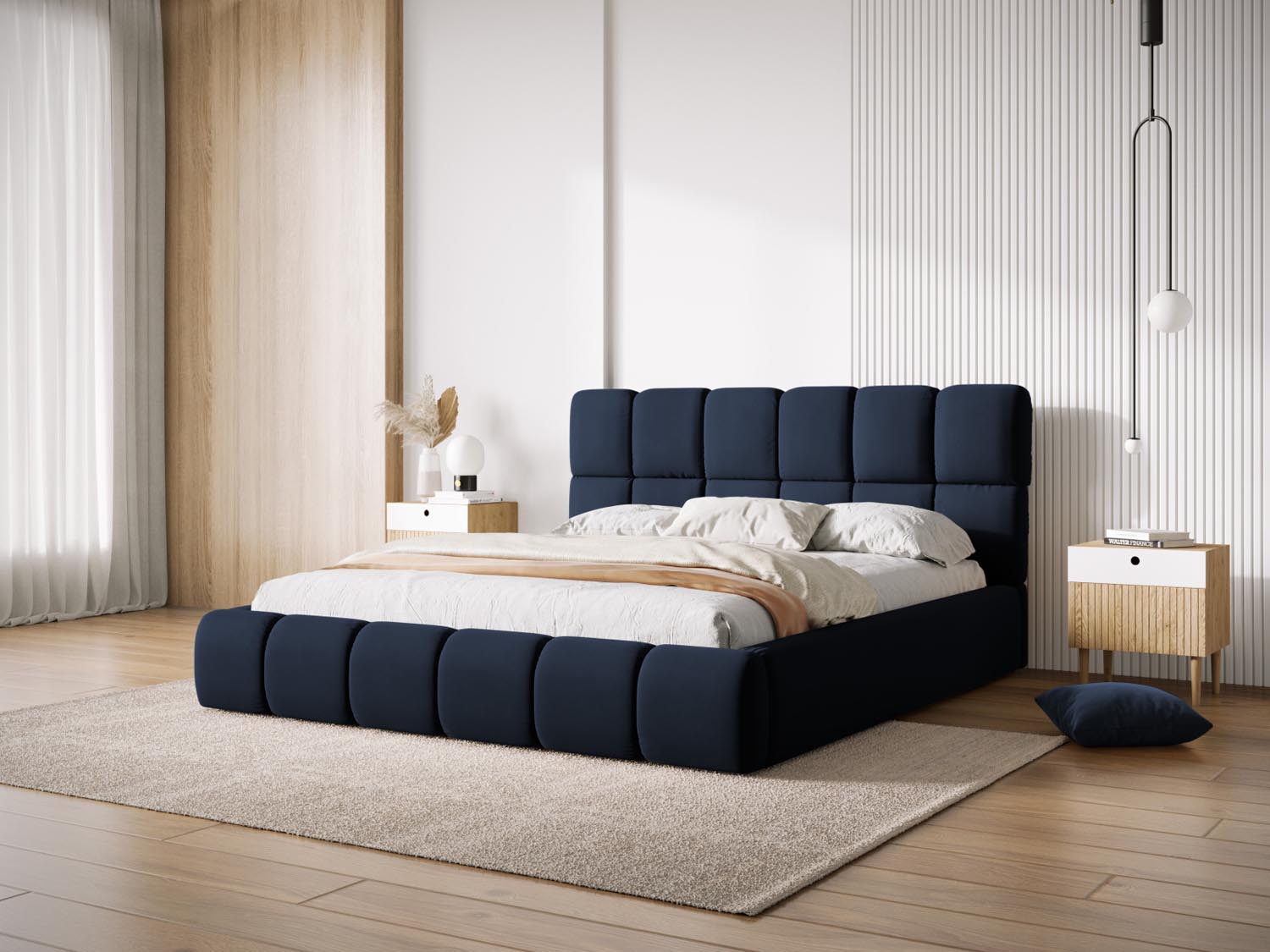 Elegantes Bellis Velour Bett in Dunkelblau mit praktischem Stauraum und stilvollem Headboard, ideal für moderne Schlafzimmer.