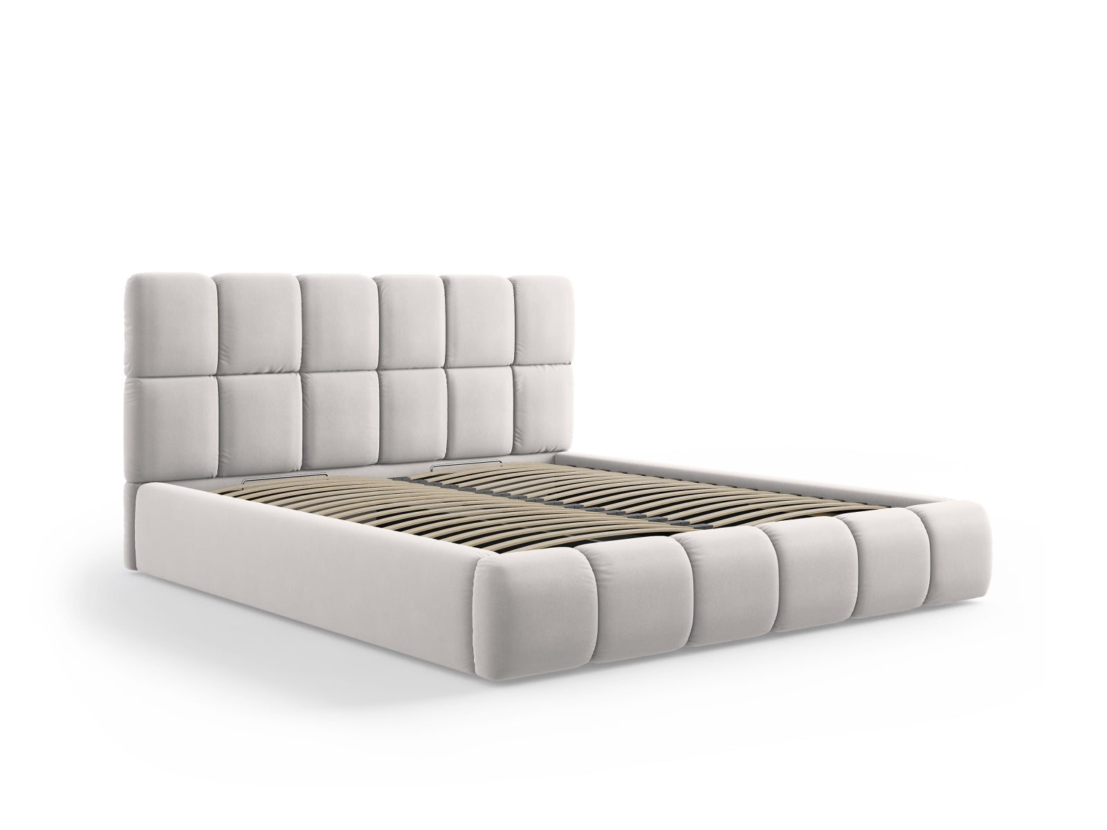 Luxuriöses Bellis Velour Bett in Silver-Bluvel, ausgestattet mit praktischem Stauraum und einem ansprechenden Headboard für stilvolle Schlafzimmer.
