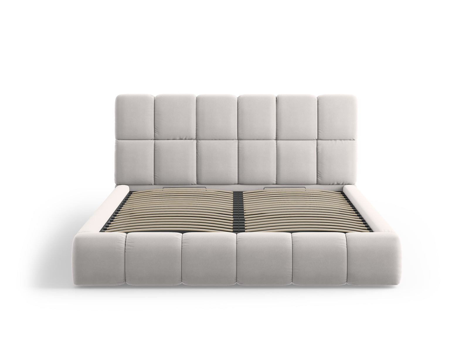 Elegantes Bellis Velour Bett in Silver-Bluvel, ideal für stilvolle Schlafzimmer, bietet praktischen Stauraum und ein modernes Headboard.