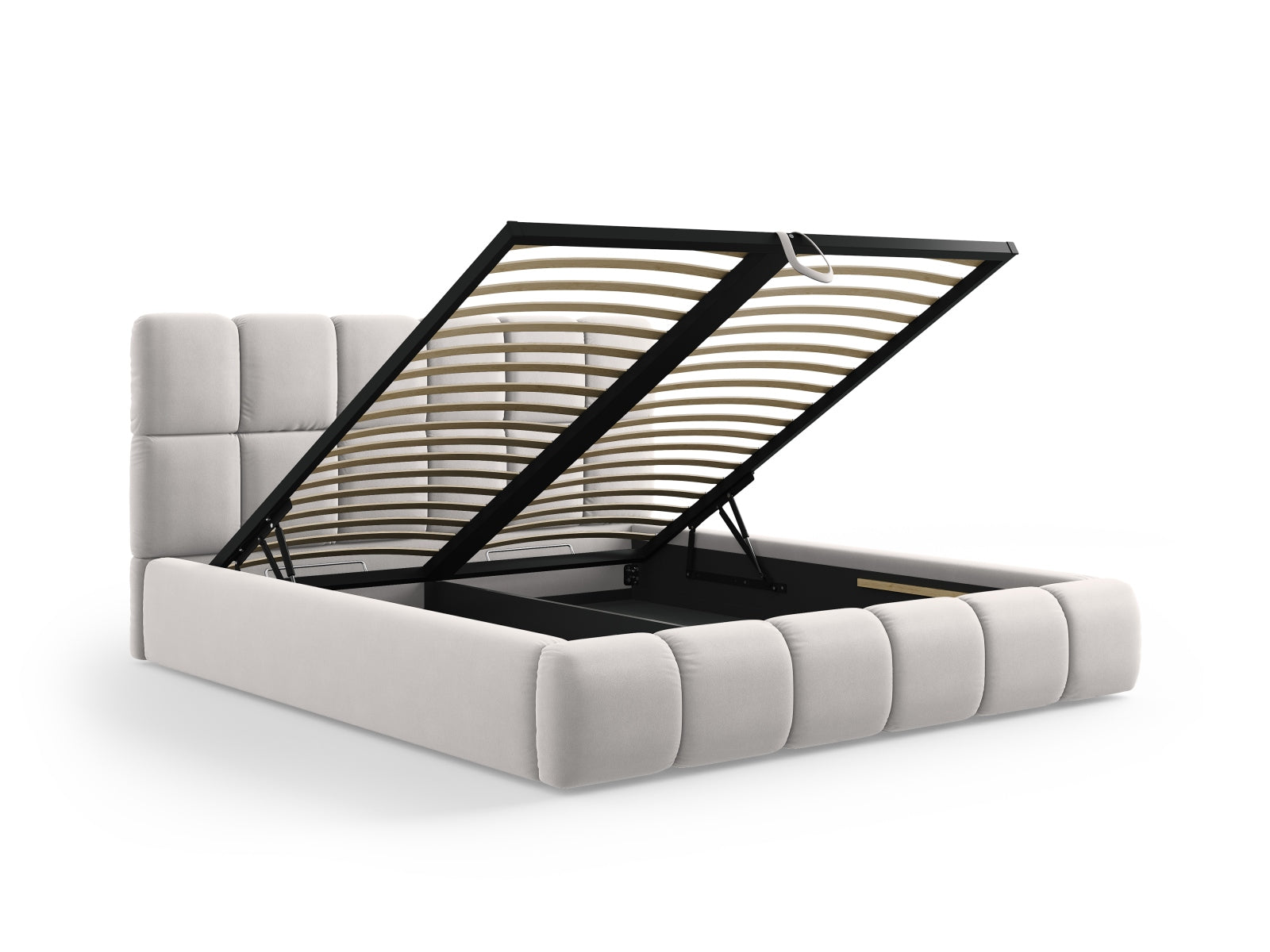 Elegantes Bellis Velour Bett in Silver-Bluvel, ausgestattet mit praktischem Stauraum und einem modernen Kopfteil für zeitgemäße Schlafzimmergestaltung.