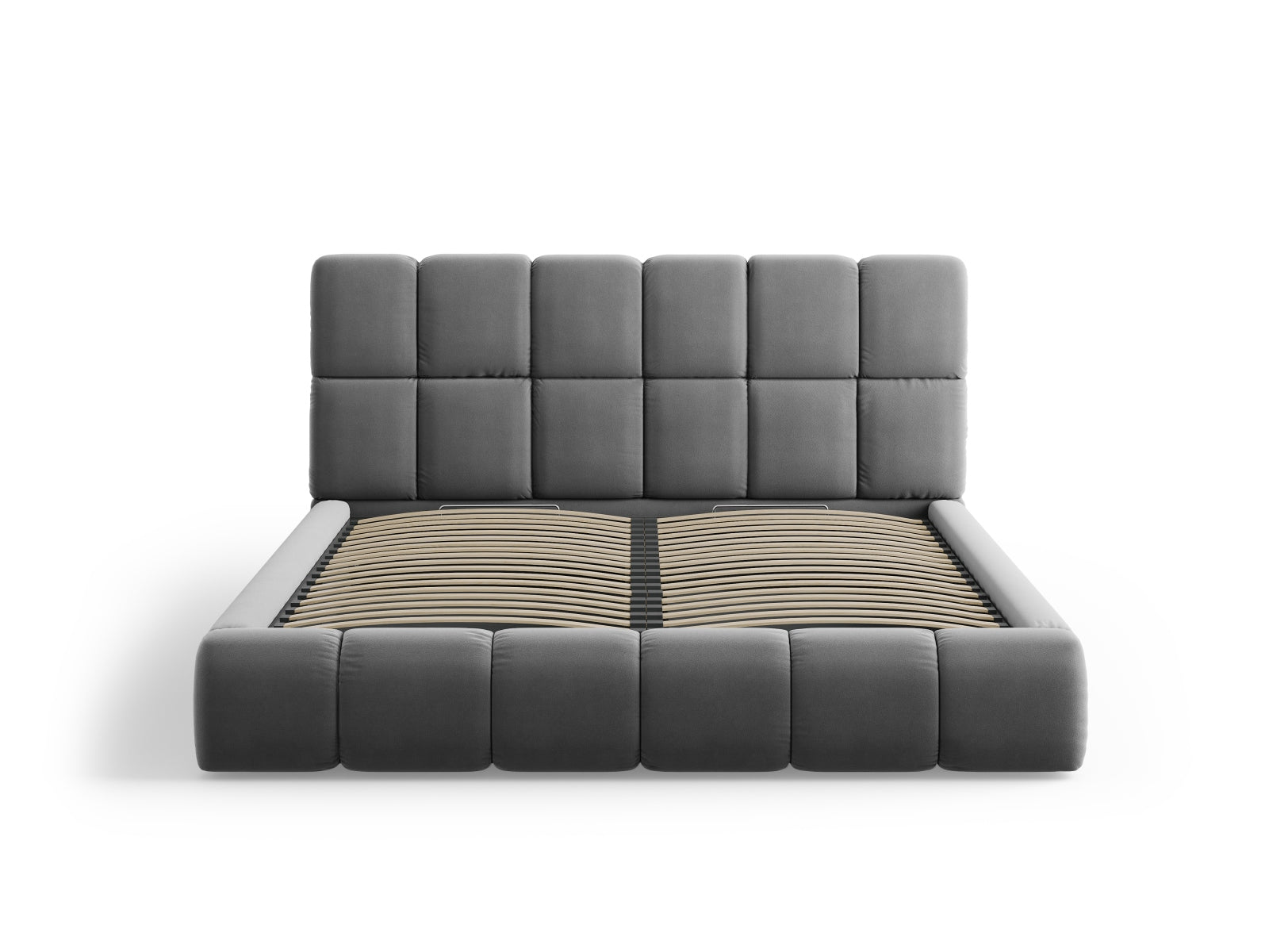 Elegantes Bellis Velour Bett in Grey-Bluvel mit großzügigem Stauraum und modernem Kopfteil, ideal für stilvolle Schlafzimmer.