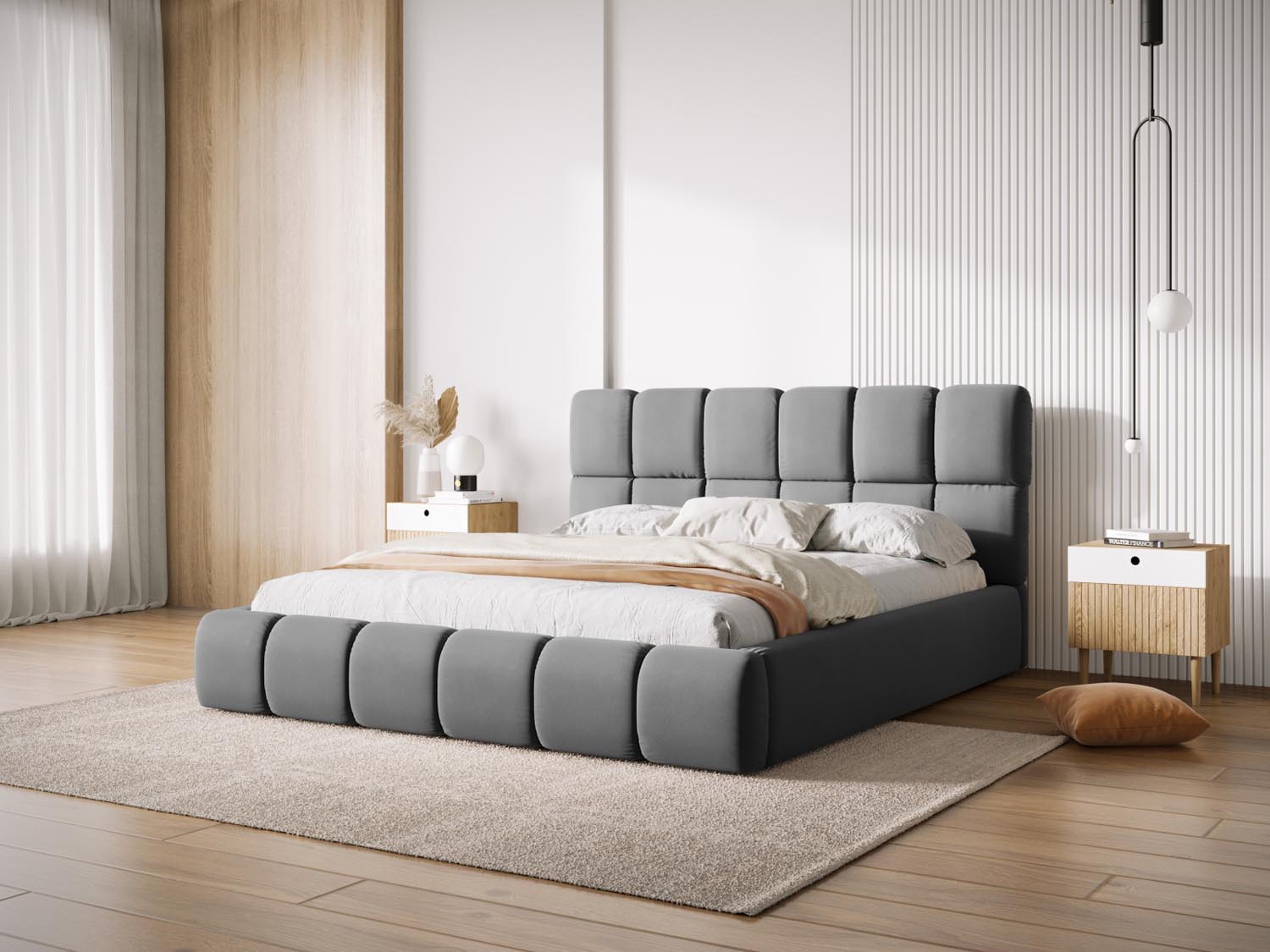 Elegantes Bellis Velour Bett in Grey-Bluvel mit praktischem Stauraum und stilvollem Headboard, ideal für moderne Schlafzimmer.