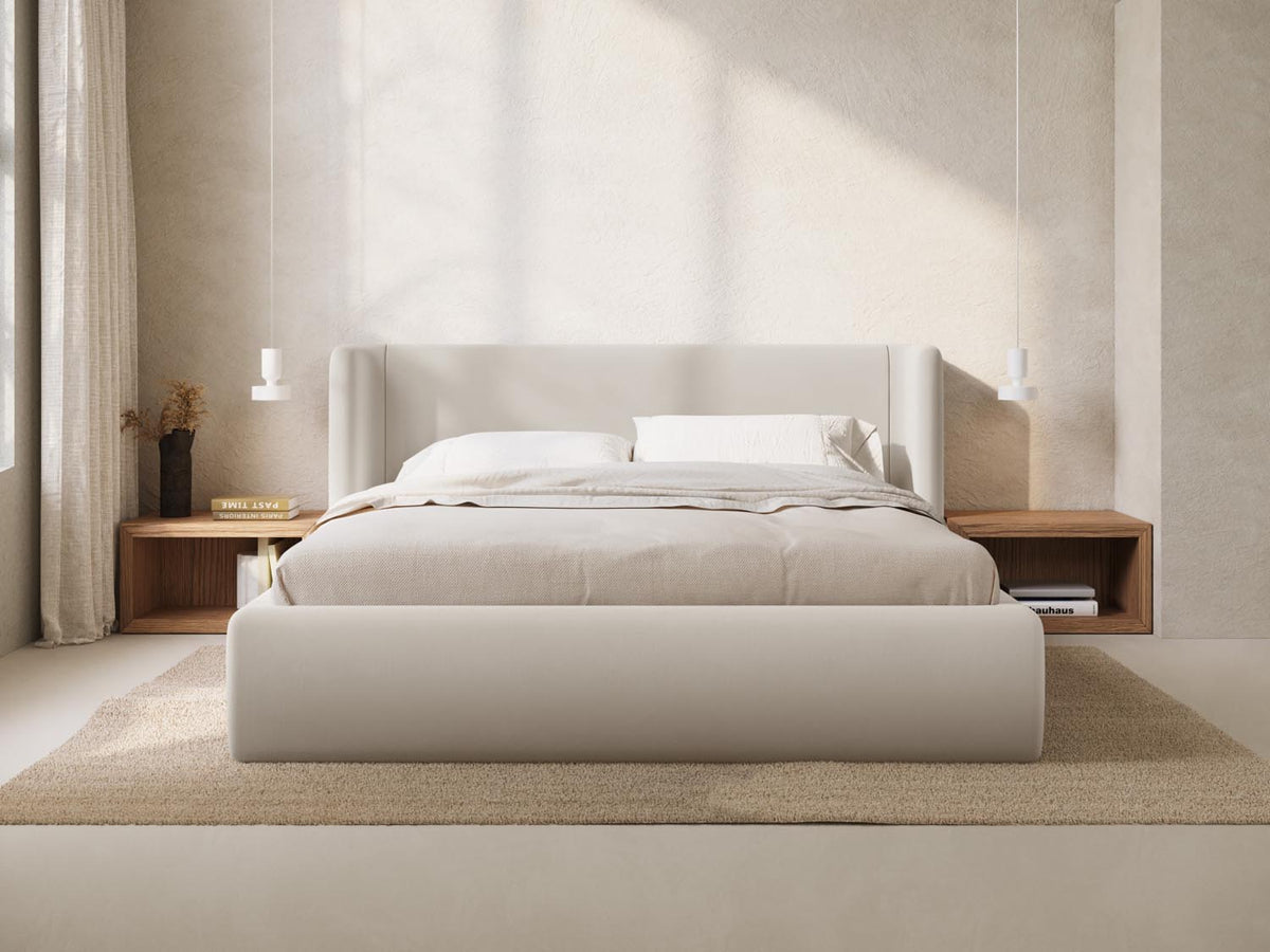 Jolene Bett mit Stauraum und Headboard 200cm in Dark Beige-Bluvel präsentiert im Onlineshop von KAQTU Design AG. Bett ist von Micadoni
