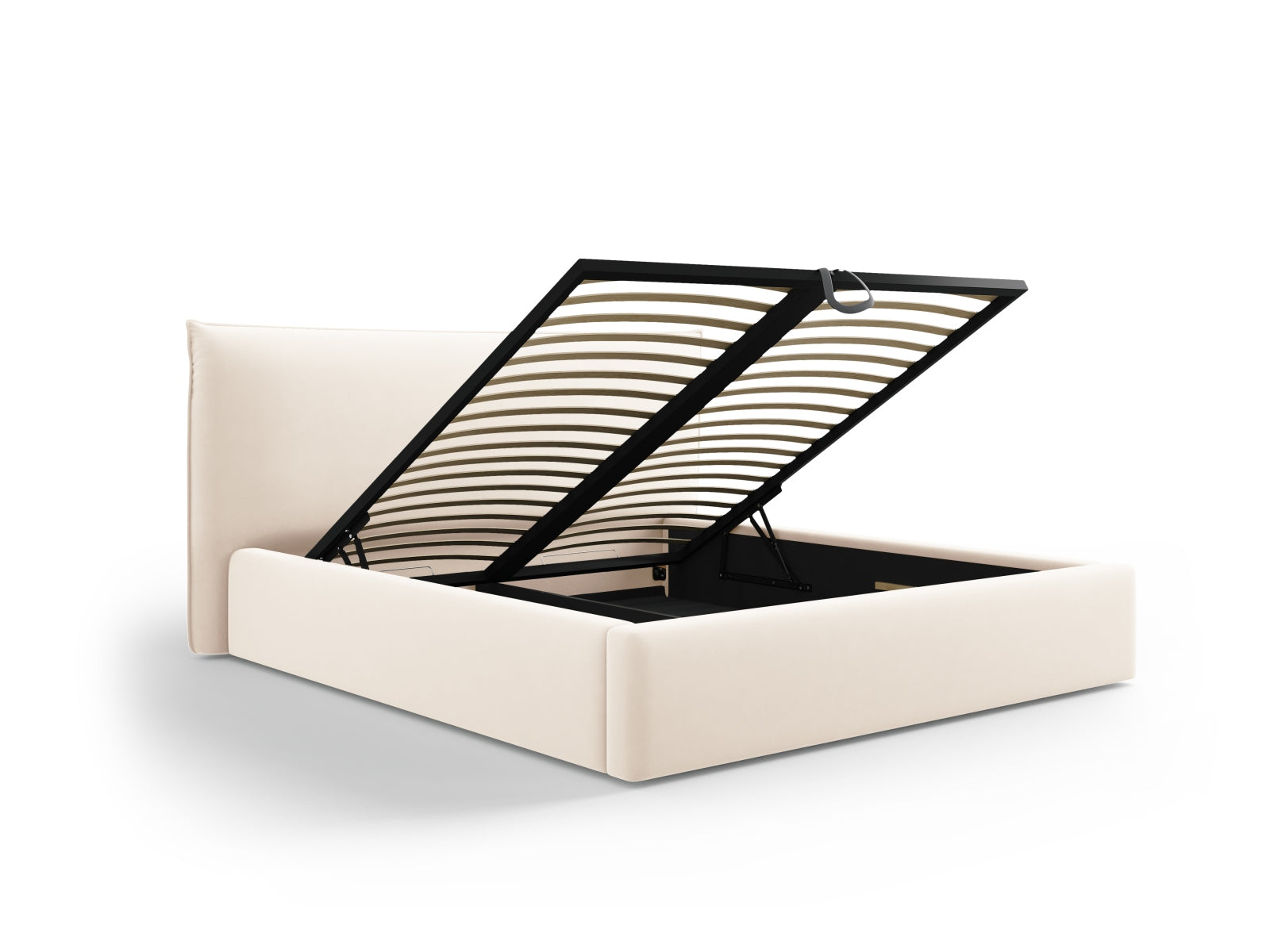 Elegantes Kaelle Velour Bett in zartem Beige, bietet cleveren Stauraum und ein geschmackvolles Kopfteil für ein modernes Schlafzimmer.