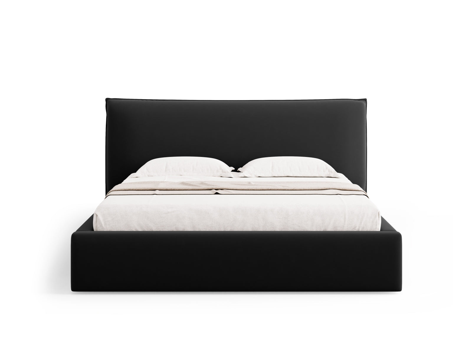 Schwarzes Kaelle Velour Bett mit großzügigem Stauraum und elegantem Kopfteil, perfekt für stilvolle Schlafzimmerlösungen.