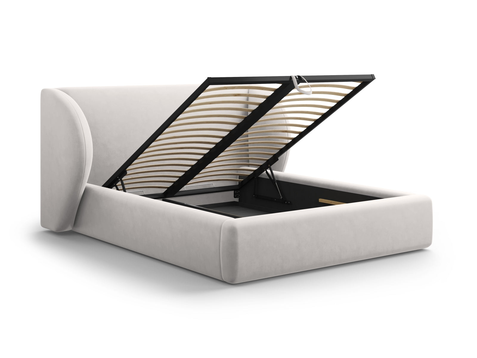 Elegantes Miley Velour Bett in Silber-Blau mit praktischem Stauraum und geschmackvollem Kopfteil, ideal für moderne Schlafzimmer.