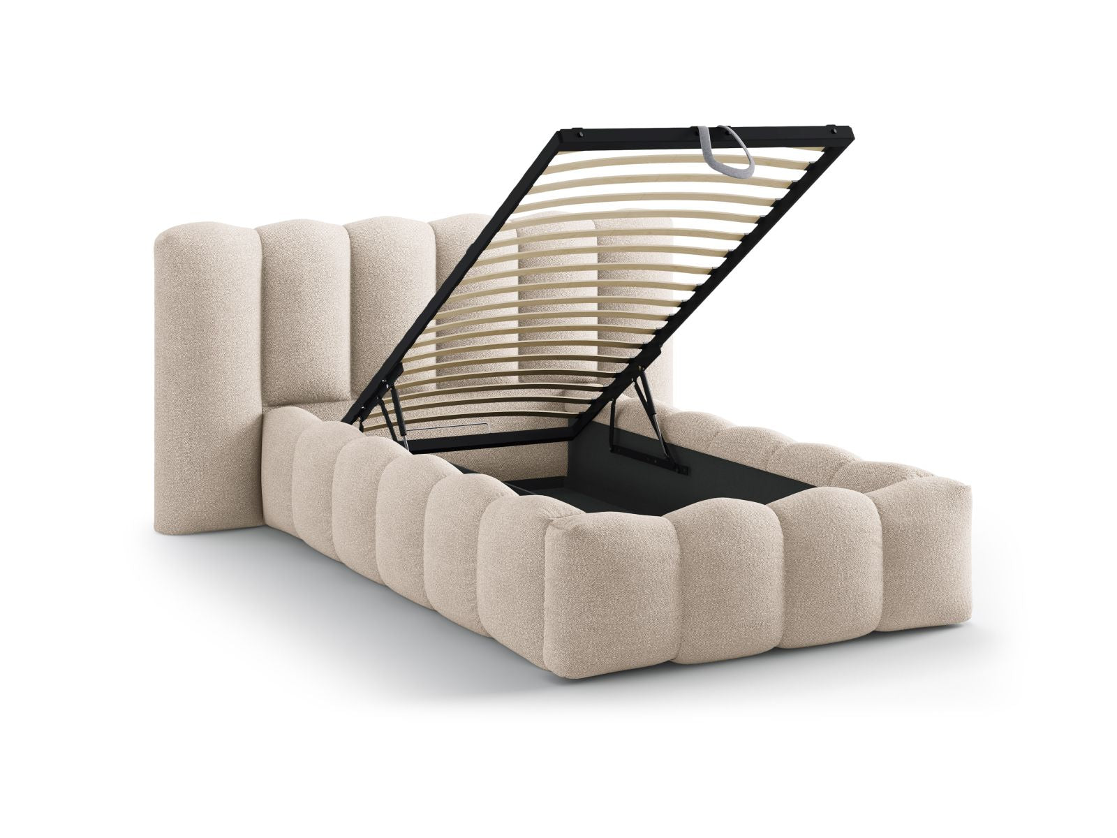 Modernes Lupine Bett von Micadoni mit integriertem Stauraum und ansprechendem Kopfteil, perfekt für platzsparendes Wohnen.