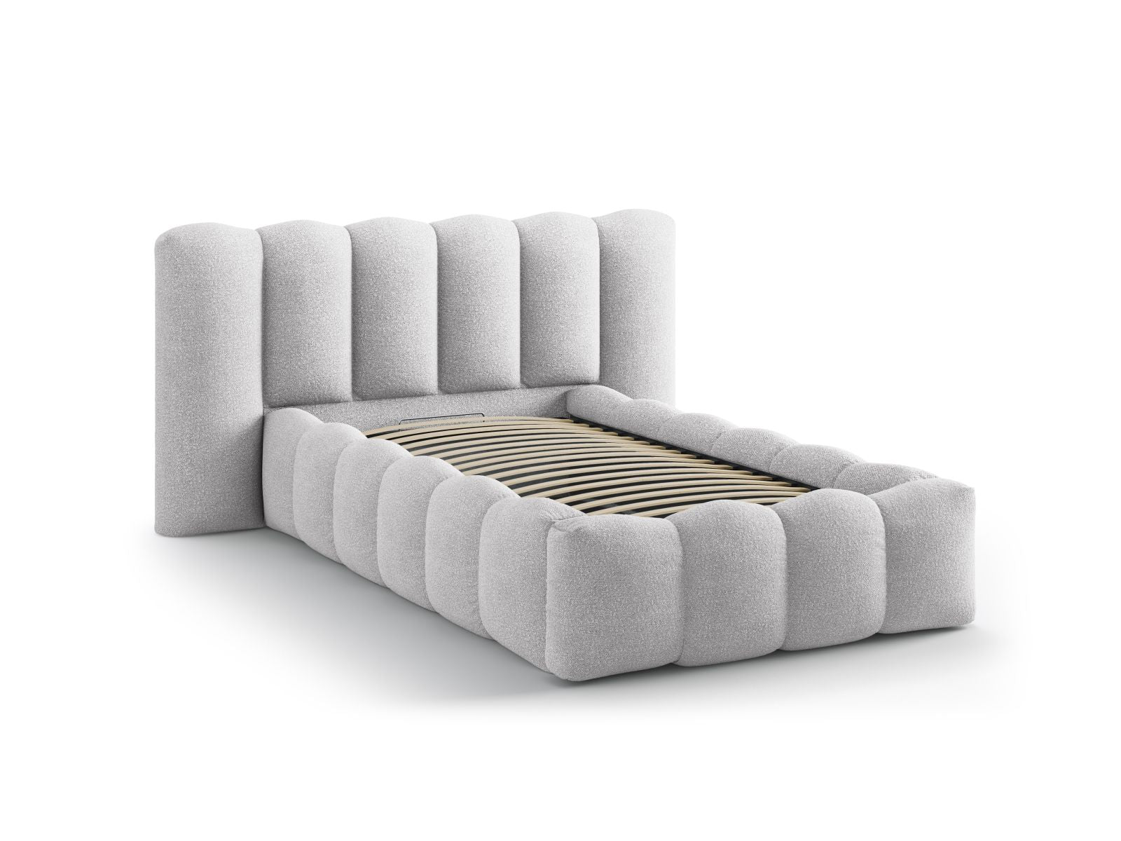 Elegantes Lupine Bett von Micadoni mit 90 cm Breite, ausgestattet mit praktischem Stauraum und stilvollem Kopfteil in hellem Grau.
